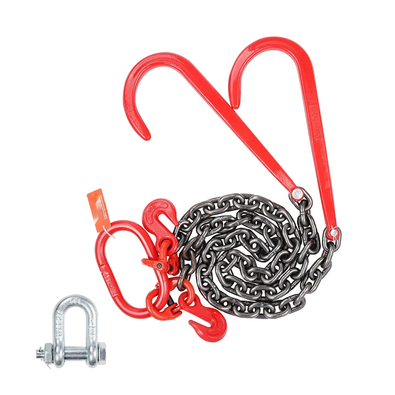 3/8" X 3' G80 Tow Chain With J Hook And Grab Hook For V-Chain Bridle Wrecker Tow Line, Heavy Duty Recovery Cable, 15600 LBS Working Load Limit, Industrial Grade Chain Assembly For Truck, Trailer And Vehicle Towing