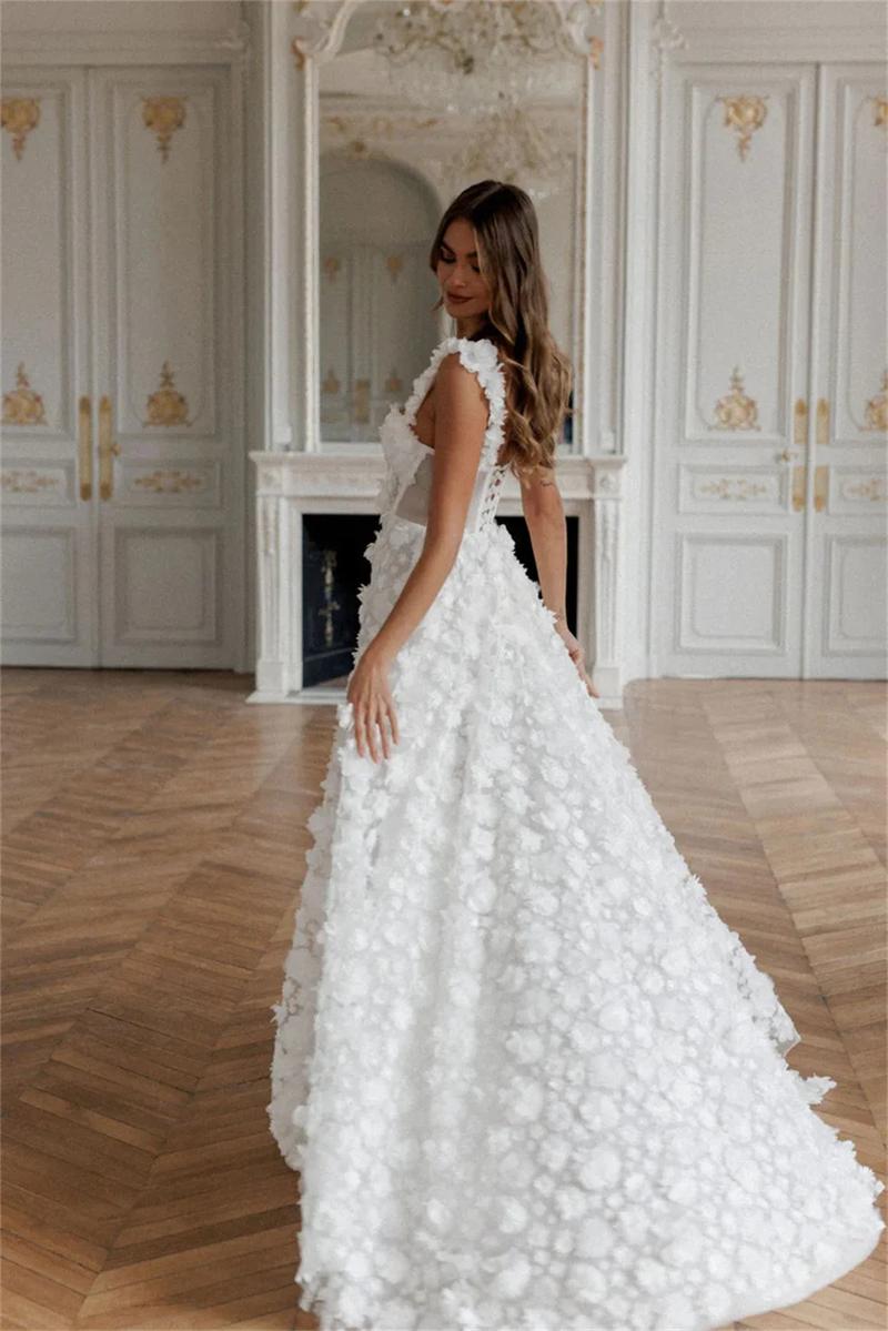 Cathy White 3D Flower Prom Dresses Lace-up Back A-line vestidos de noche Elegant Sleeveless Side High Split Formal Evening 2024 Womenswear Comfort