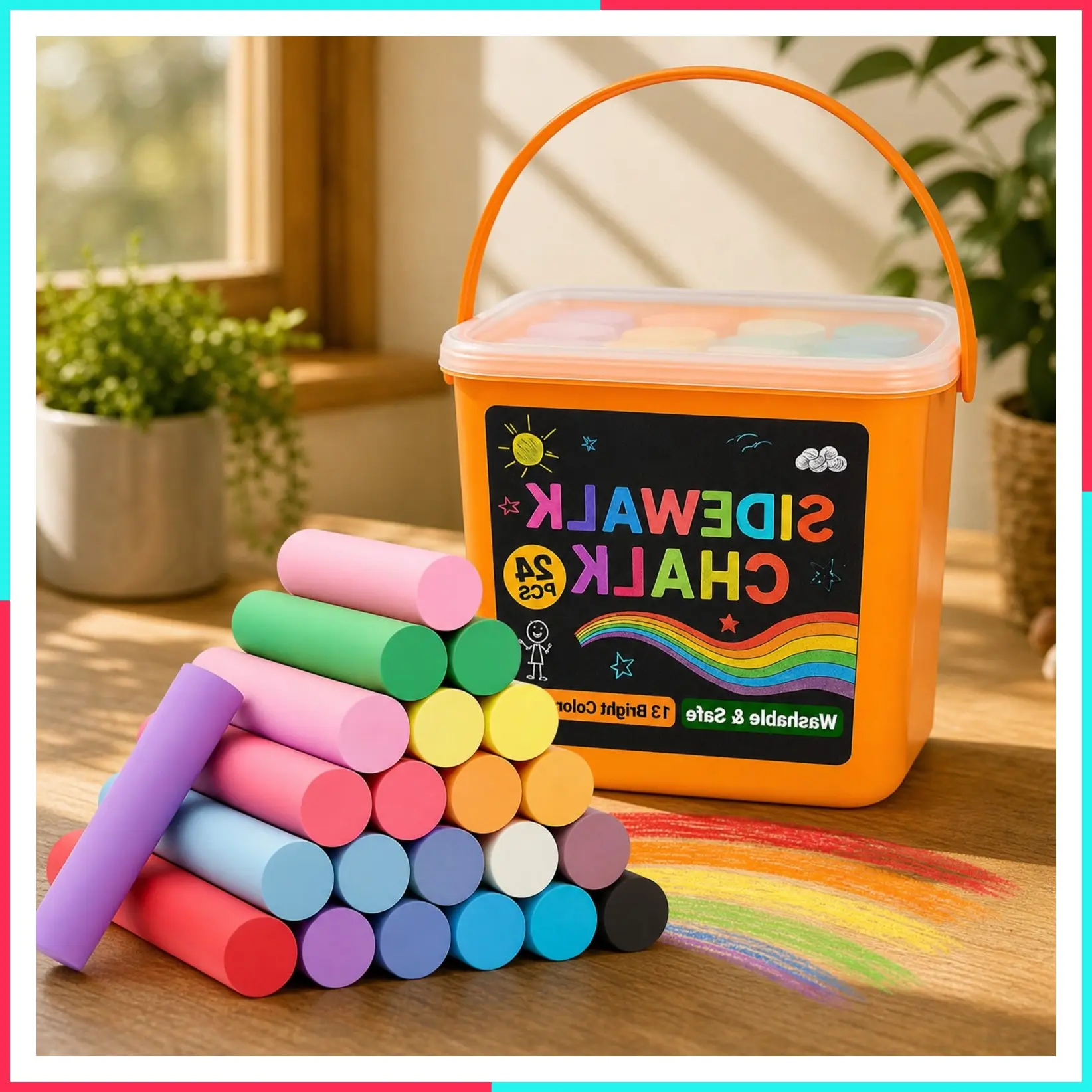 24 PCS Sidewalk Chalk for Kids - 13 Colors Non-Toxic Washable Chalk Bucket
