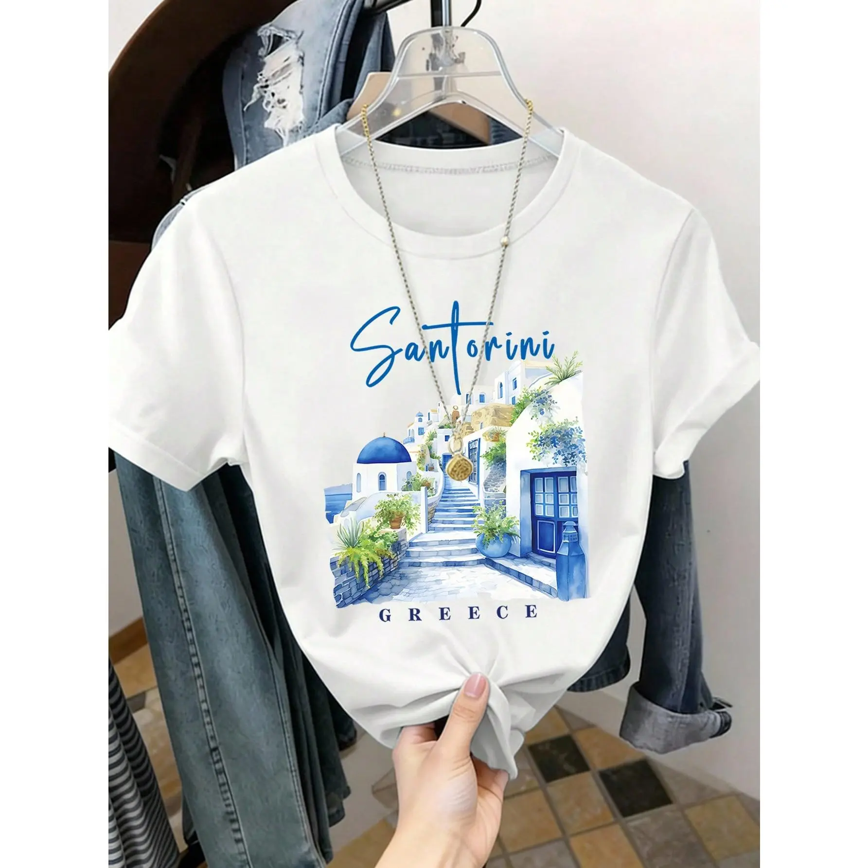 Women's Loose Knitted Round Neck Short-Sleeve Tshirt - White & Blue, Halloween Santorini Greece Graphic, Breathable Fabric, Relaxed Fit, Summer Casual Vibrant Top, Vacation Souvenir Sports & Outdoor Wear, Lady