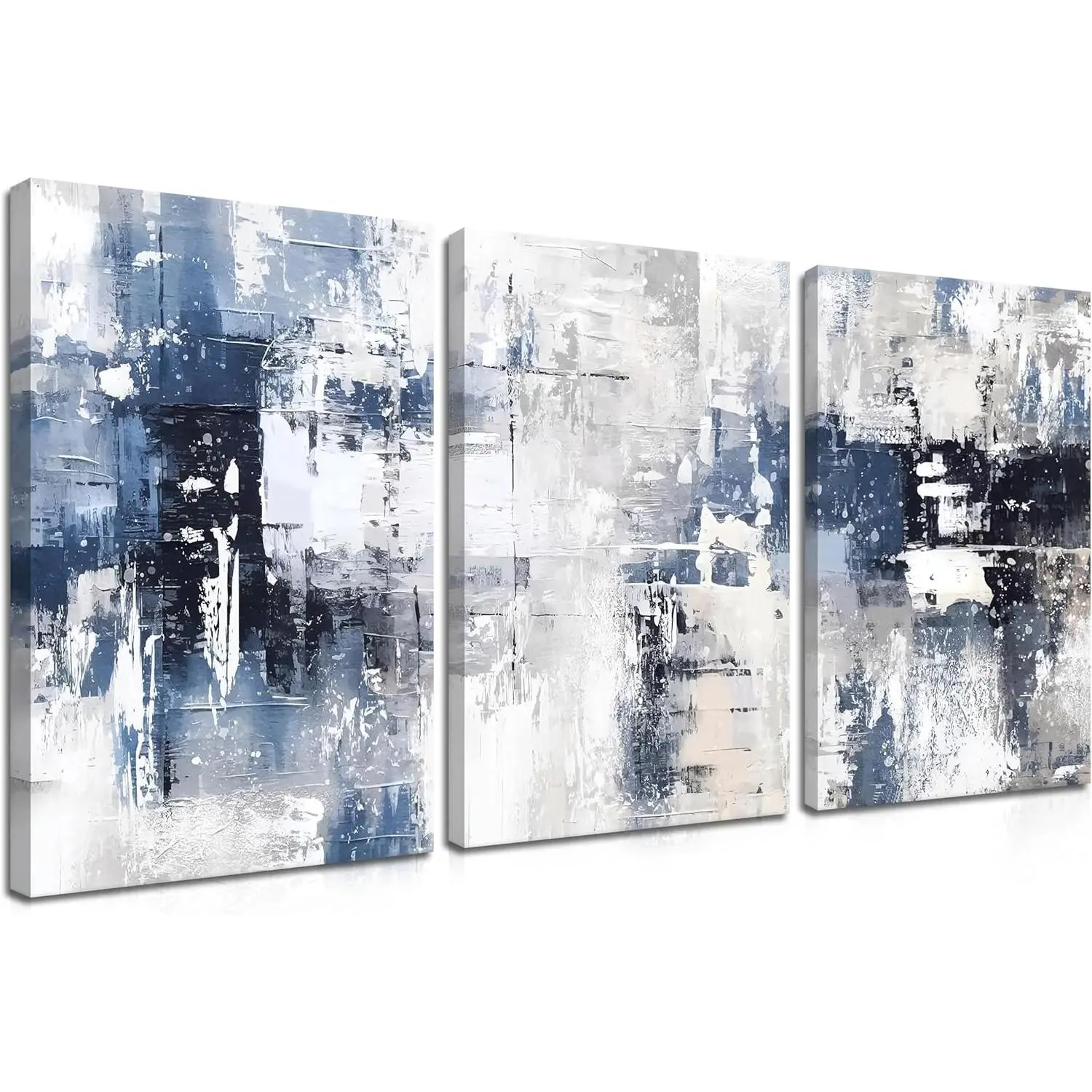 3-Piece Navy-Framed Abstract Blue and White Canvas Prints - Modern Simple Gray Home Supplies Wall Art for Living Room, Kid Room, Thanksgiving, Independence Day Indoor Decor, Indoor Use, Abstract Art
