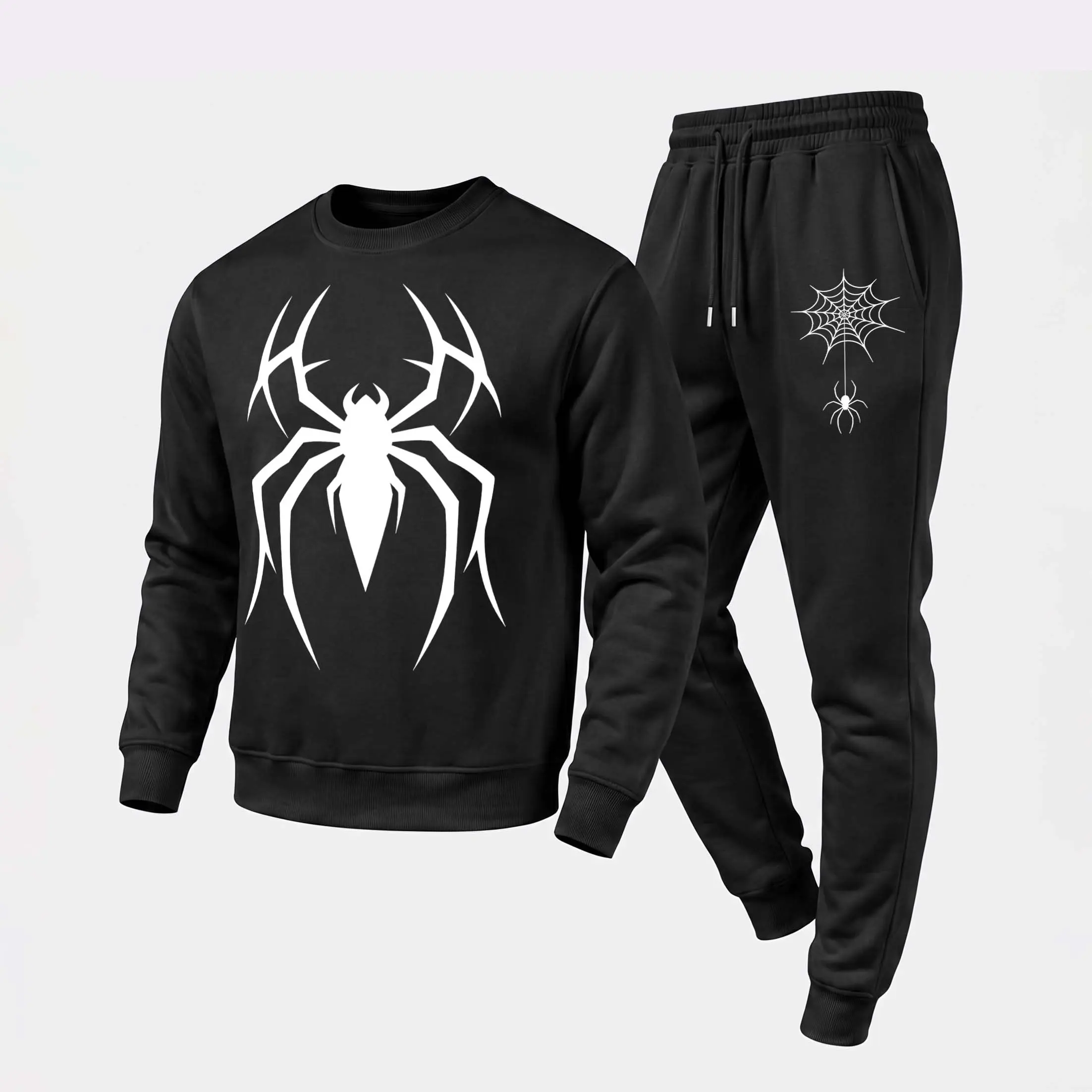 Men's Spider Graphic Crewneck Sweatshirt And Jogger Pants Set, Casual Long Sleeve Pullover With Drawstring Sweatpants, Fall Winter Tracksuit For Daily Wear, Travel, Lounge, Workout And Indoor Outdoor Activities