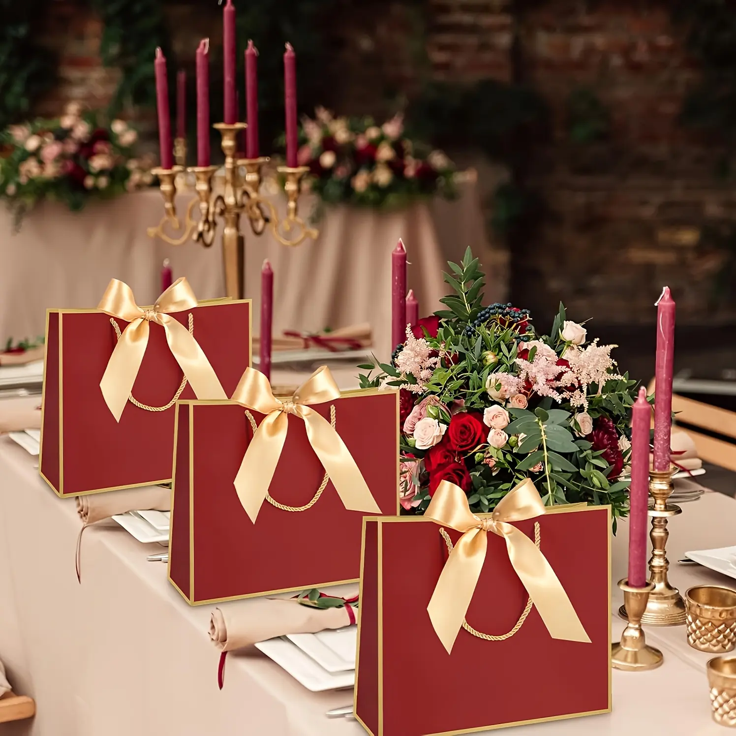10pcs (10 burgundy gift bags + 10 ribbons) hand-held thank-you gift bags, gift paper bags with bows, wholesale clothing packaging bags, cosmetic bags, shopping handbags, printed bow paper handbags, clothing bags, gift bags, shopping bags