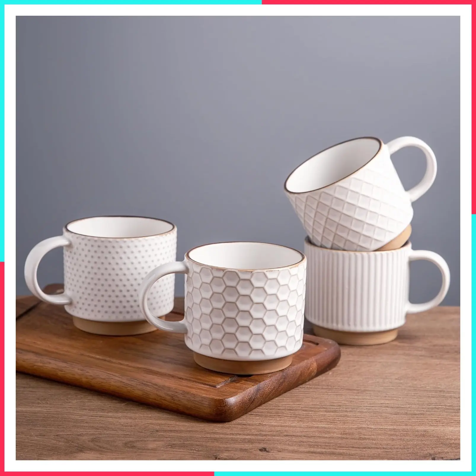 12 OZ Stackable Ceramic Coffee Mugs Set of 4, 4 Assorted Designs, Embossed Texture Patterns for Tea/Coffee, Dishwasher & Microwave Safe, Off White