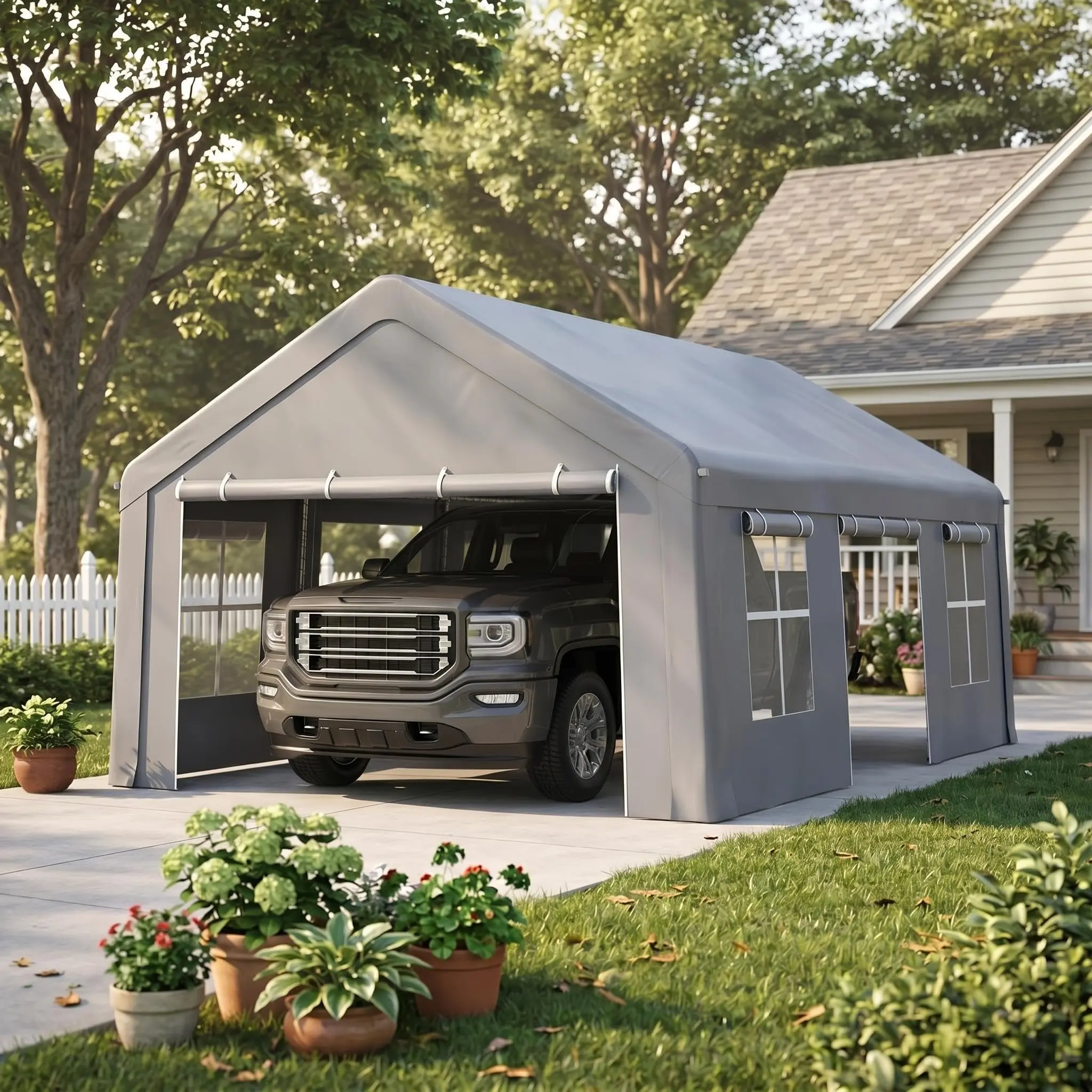 GARVEE Heavy Duty Rectangular 13x20ft Portable Garage Carport with Portable Setup, 5 Mesh Windows, 3 Roll-Up Doors, 180g PE Tarps, All-Season Canopy for Car, Pickup