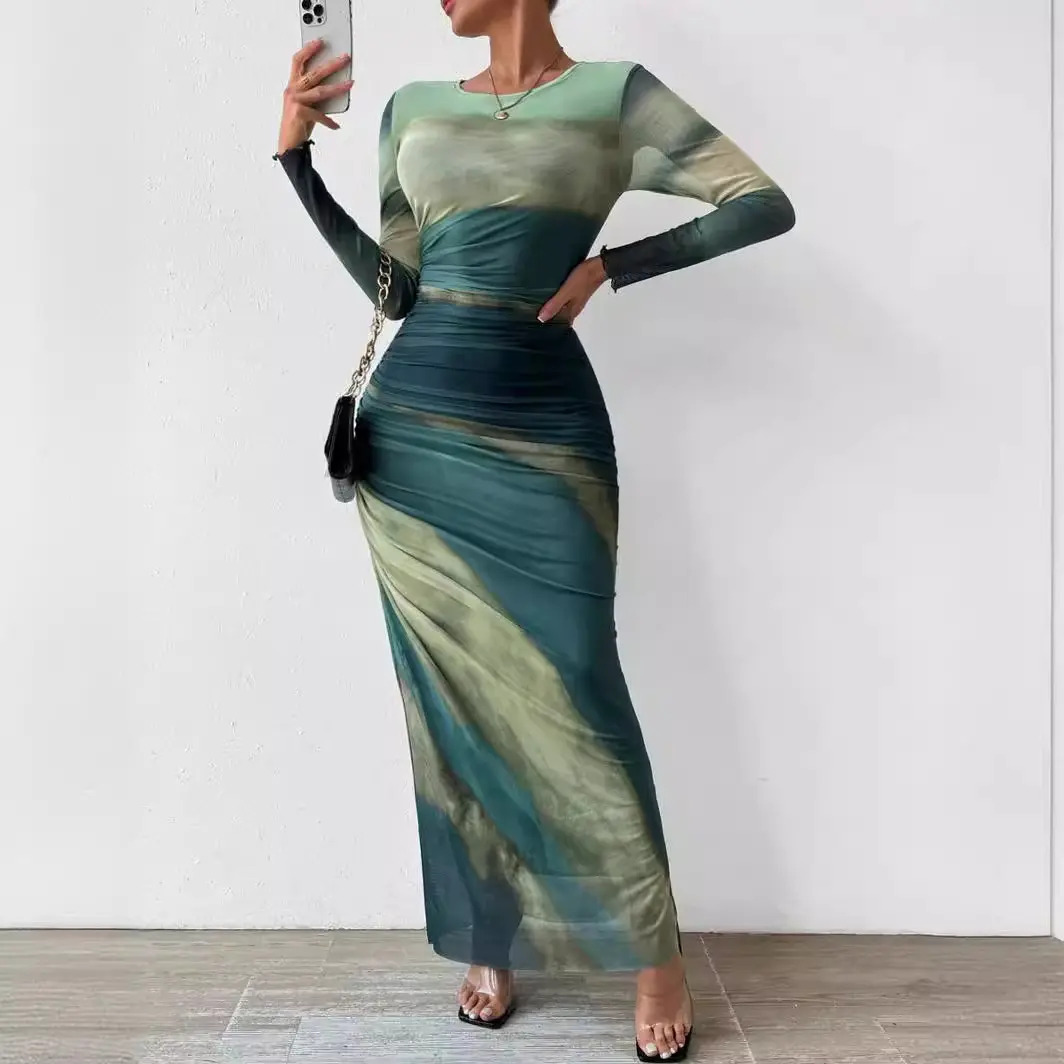 mesh printed pleated sexy tight-fitting round-neck dress Sunday cheetah print brown dress