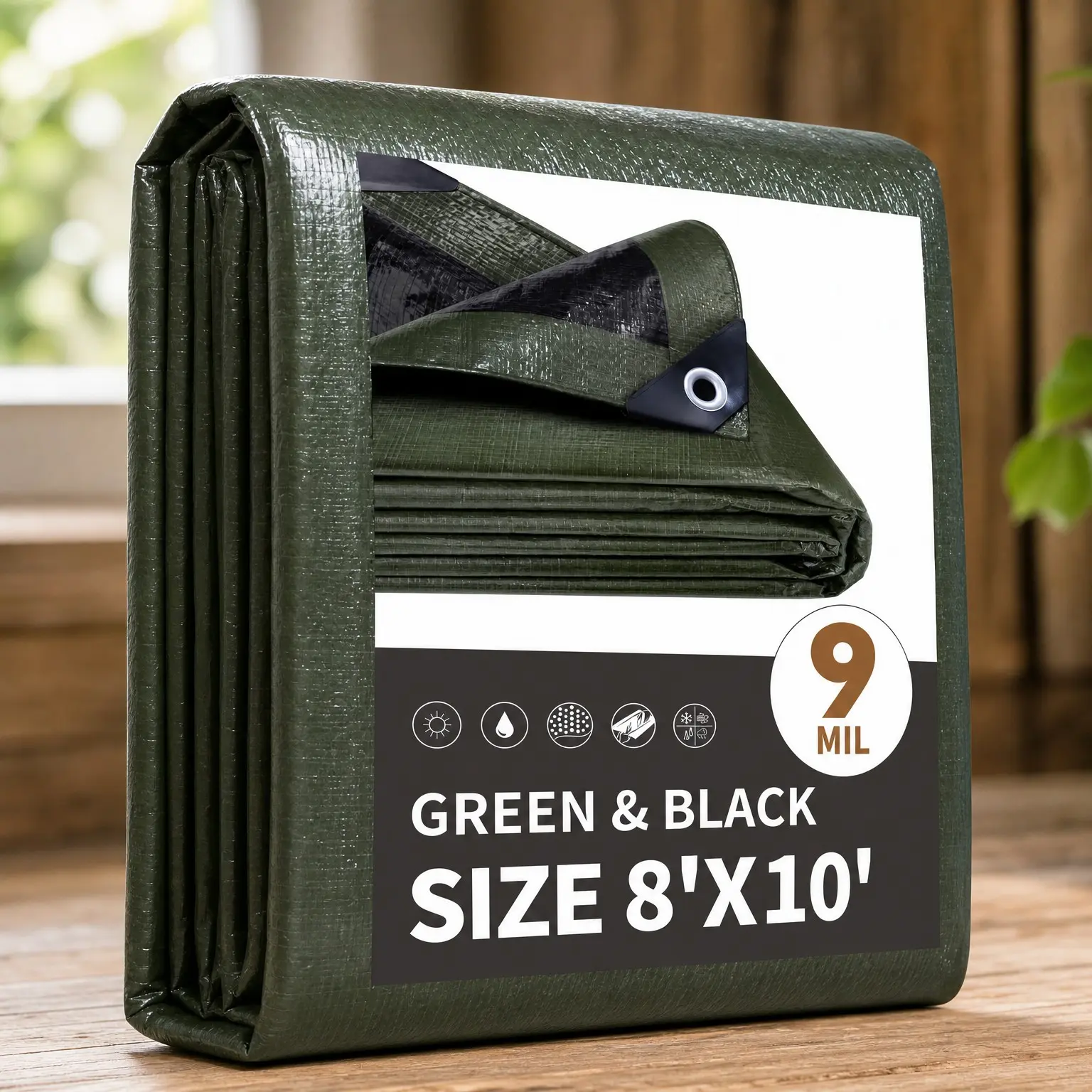 8x10 Feet 9Mil Camping Tarp Cover Green/Black, Multipurpose Outdoor Tent Tarp with Metal Grommets, Sturdy Corners, Reinforced Edges, UV Resistant, DurableGift