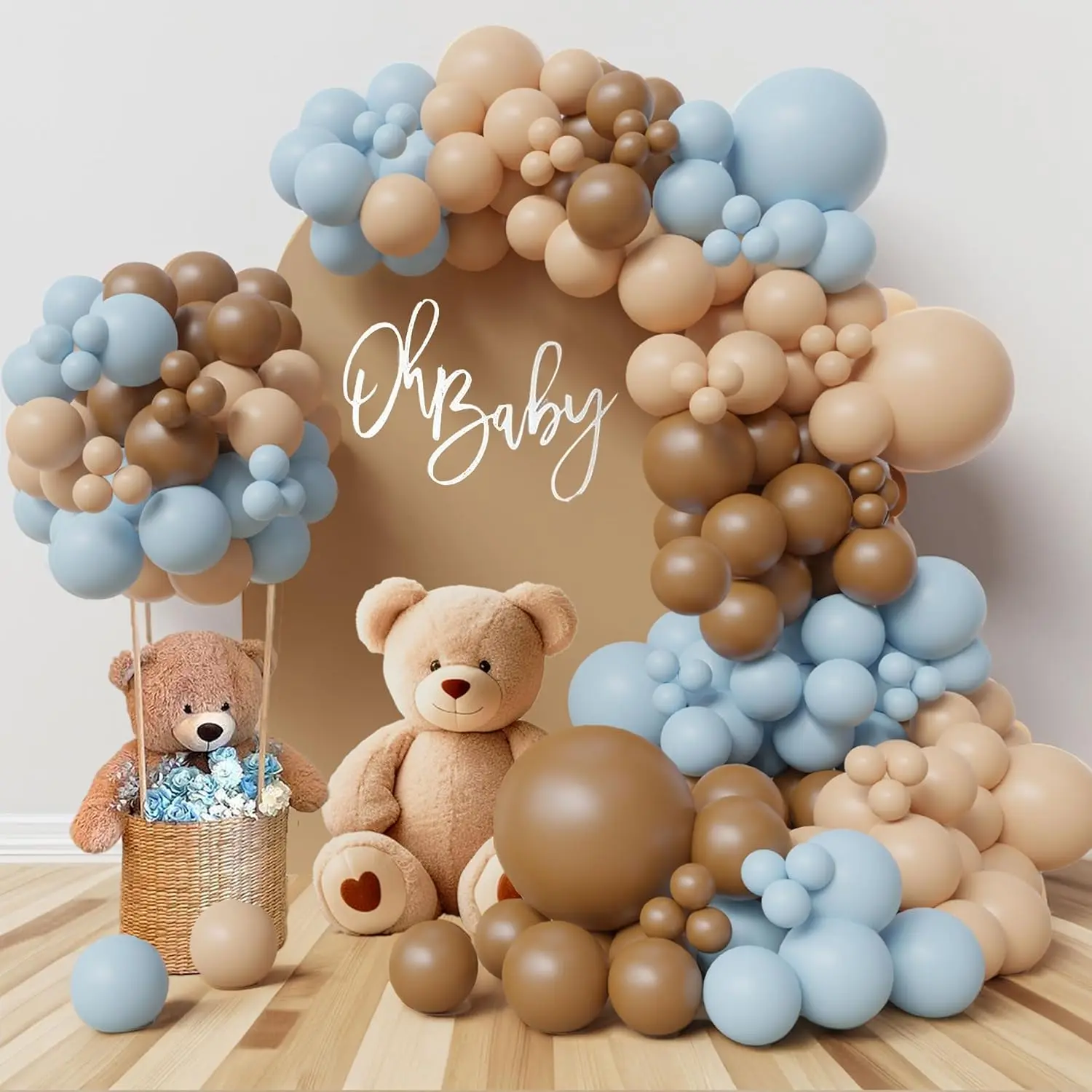 Geometric Neutral Eco-Friendly Unisex Bear Theme Inflatable Balloon Arch Kit, Light Blue-Beige-Tan-Brown-Cream Multi-Size Globos Garland with 1x16ft Glue Chain for Baby Shower Party Decor Woodland Backdrop Supplies, 121 Pieces, Birthday