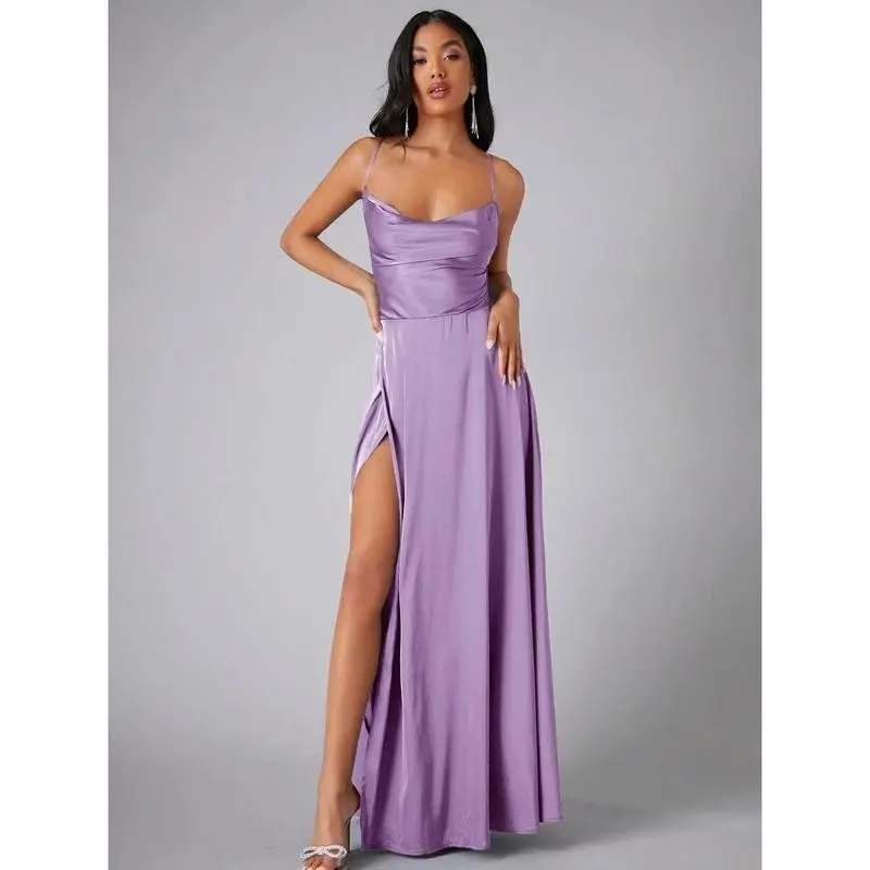 Bridesmaid Dress With Cowl Collar, Side Split And Spaghetti Straps Elegant Formal Evening Prom Wedding Guest Gown, For Graduation, Dinner Party Dress