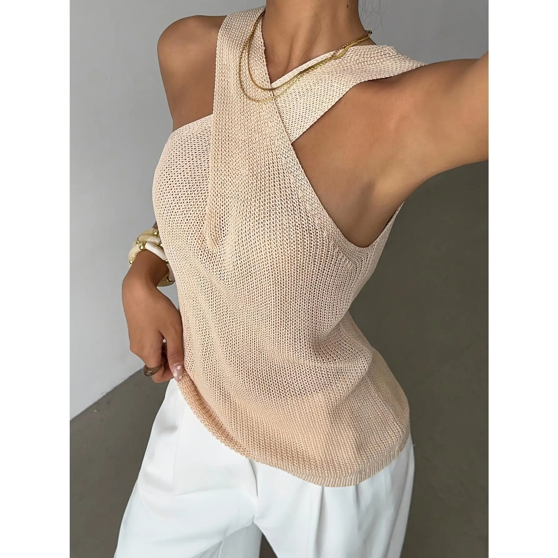 Casual, Niche Design, Crossover Neck Sweater, Women'S Clothing, Sleeveless Top Women.
