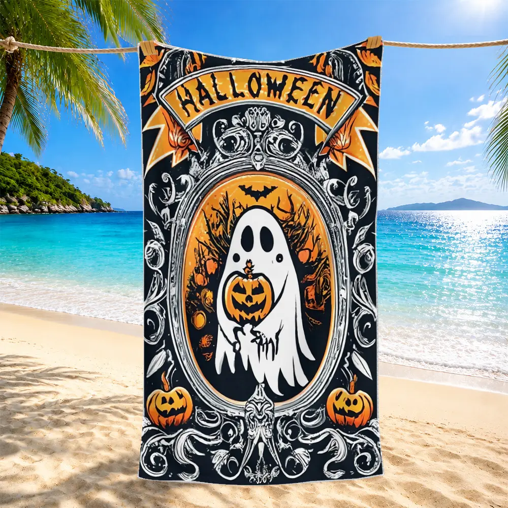Microfiber Halloween Beach Towel, Pumpkin Ghost BOO Print Nano Antibacterial Bath Towel Cozy