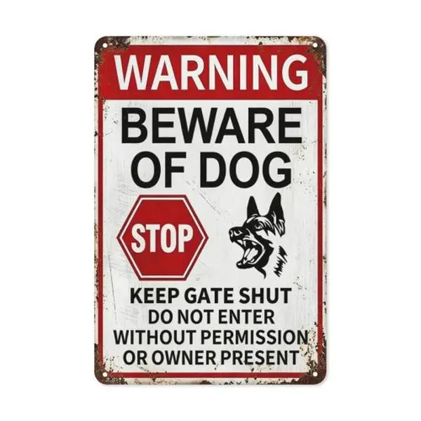 Vintage Distressed Full Metal Home Sign (8x12in/12x16in) - Warning Beware Of Dog Plaque, Pre Drilled, Waterproof, Rustic, Keep Gate Shut, No Unauthorized Entry, Casual Wall Mount Outdoor Fence Security, Home Supplies, Garden Sign Decor