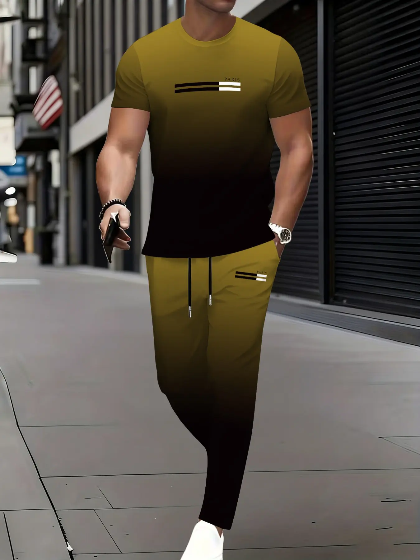 Men Gradient PARIS Letter & Strip Print Crew Neck Short Sleeve T-Shirt & Drawstring Jogger Pants Set, Casual and Stylish 2 Piece Tracksuit