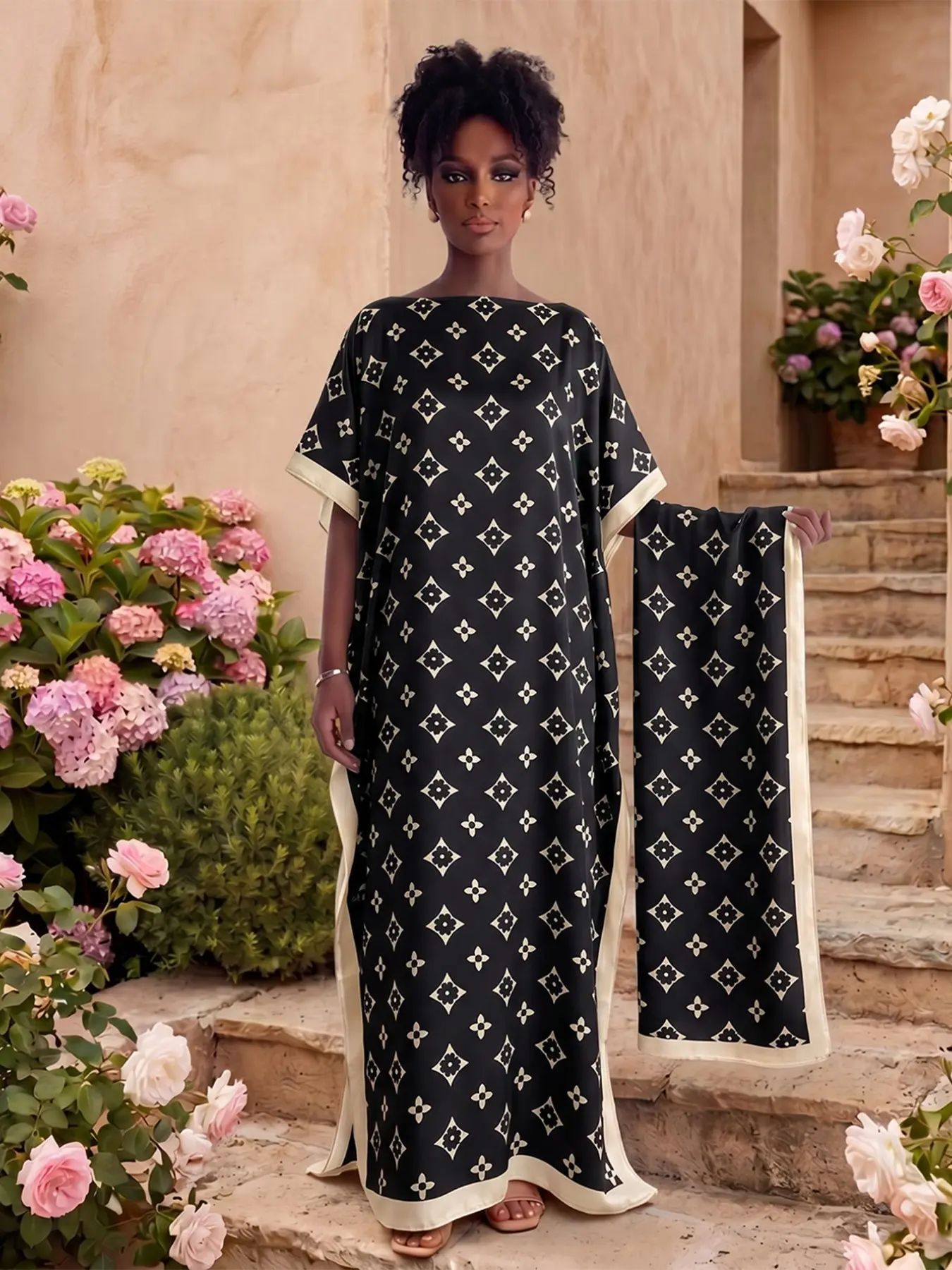 MOO MOO Women's printed geometric long dress and scarf set; Bohemian casual shawl dress with scarf; relaxed loose beachwear; soft and comfortable; suitable for all seasons; a must-have for seaside vacations. Matching Outfit