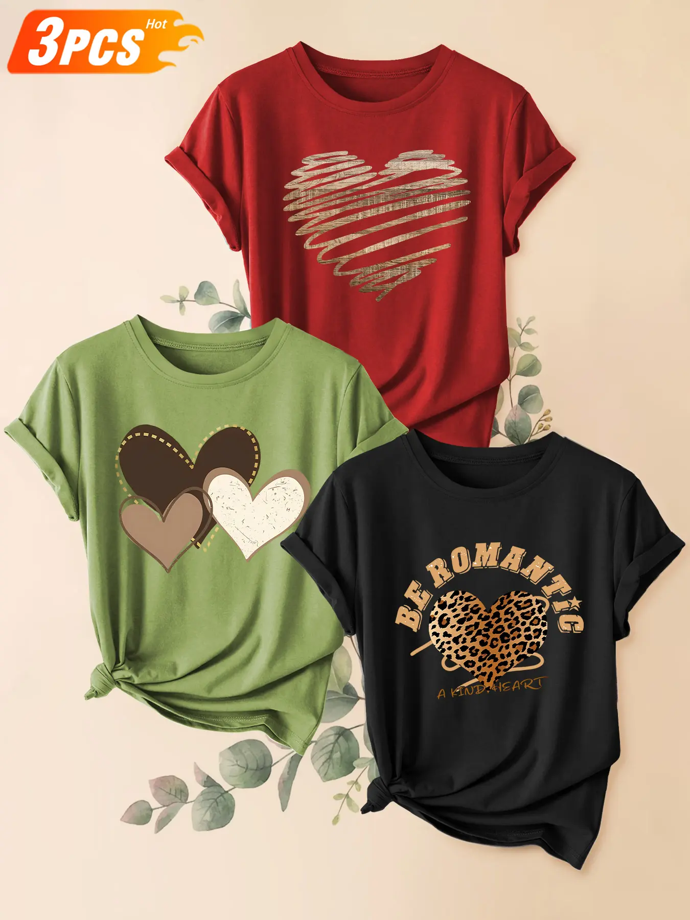 3Pcs Women Crew Neck T-Shirt, Hand Drawn Texture Romantic Heart Print, Multi-color Available, Machine Washable, Soft Skin-friendly Spring Summer Daily Stylish Top