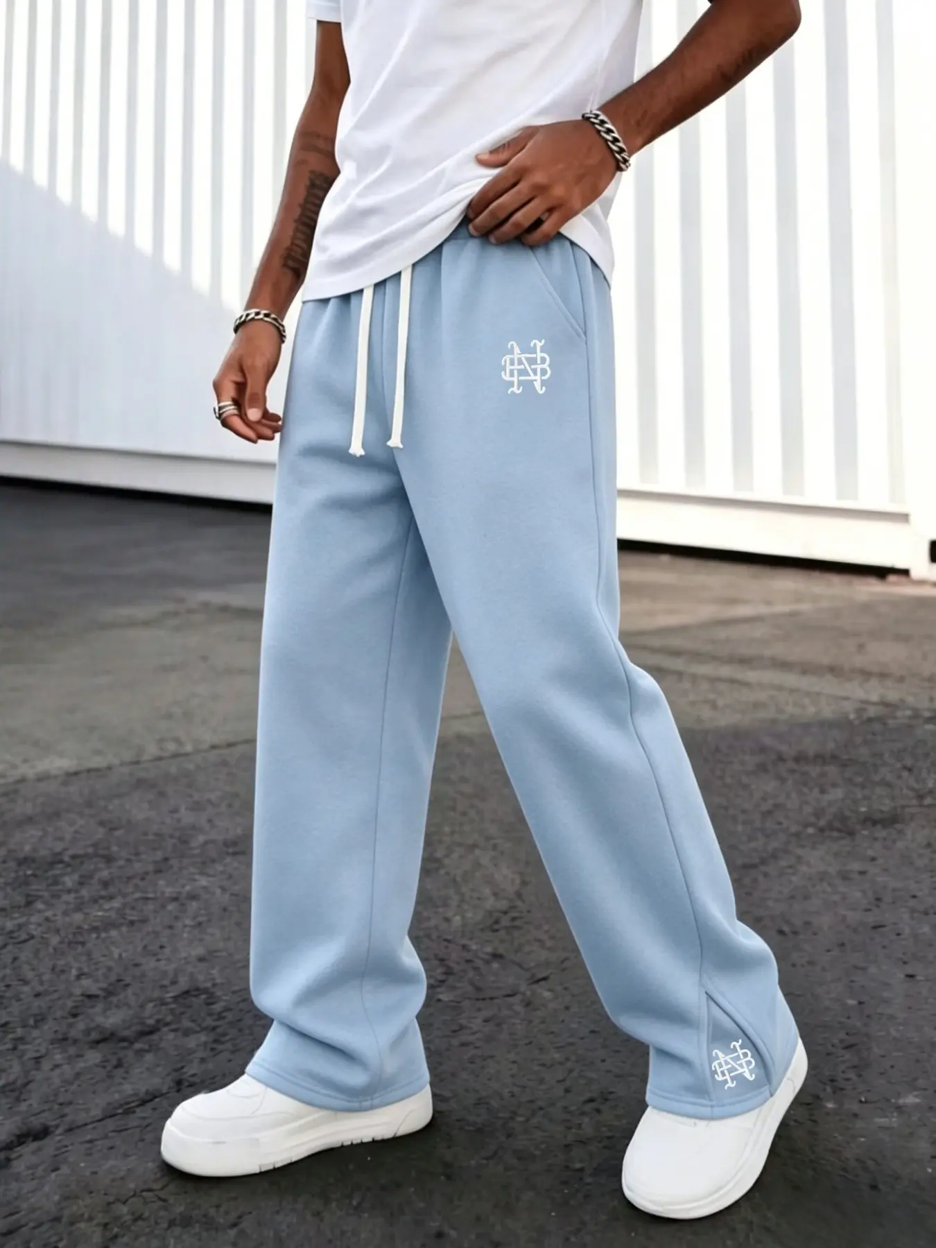Men's Embroidered Fleece Wide Leg Micro Flare Sweatpants, Streetwear Casual Sports Long Pants, Comfortable & Trendy Design