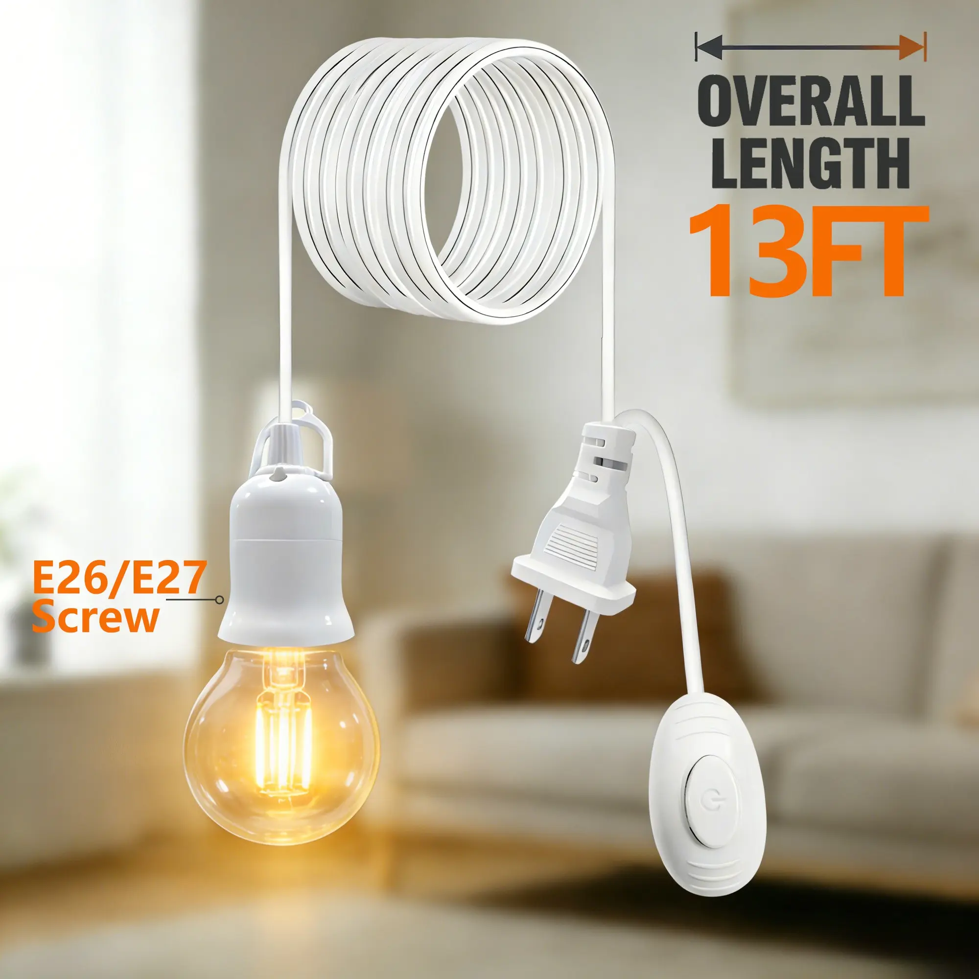 Kasotile 13ft/4m Plug-In Pendant Light Wire, Lamp Cord, E26/e27 Bulb Base with Switch, DIY Home Lighting Decor Cable, No Bulbs Included