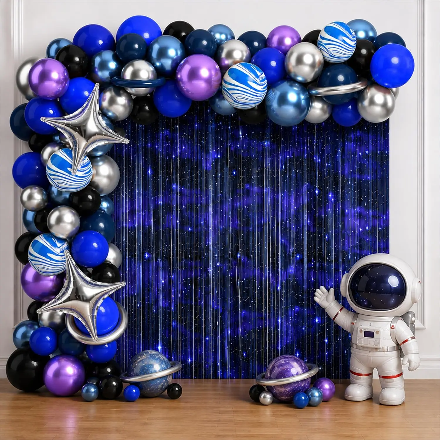 102pcs Latex Space Balloon Arch Kit with Easy Assembly, Navy Blue Silver Cosmic Garland & Fringe Backdrop for Boys' Birthday Photo Booth Outer Space Themed Party Decorations