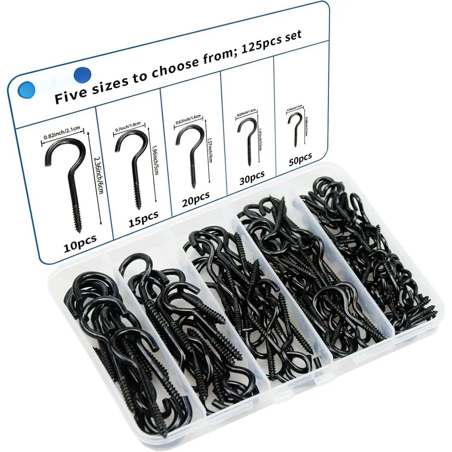 125-Count Durable Threaded Screw Cup Hook Set - 5 Sizes Ceiling Hooks (0.98in, 1.41in, 1.57in, 1.96in, 2.36in) for Indoor/Outdoor Wardrobe Decoration, Hardware Fastening Needs, Threaded Hooks