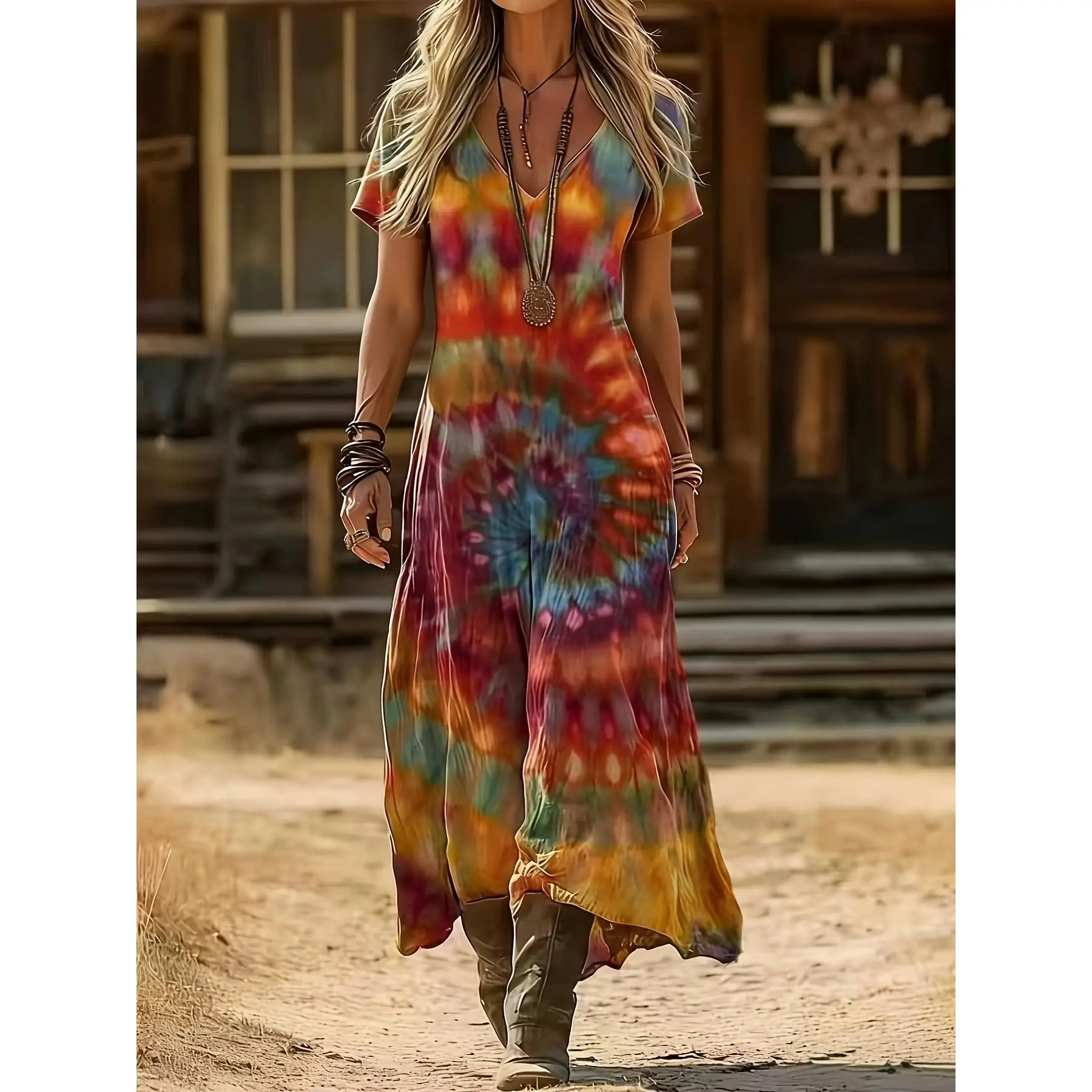 [New] Women's blue and purple gradual change tie-dye V-neck short-sleeved long dress, bohemian style daily casual and comfortable dress