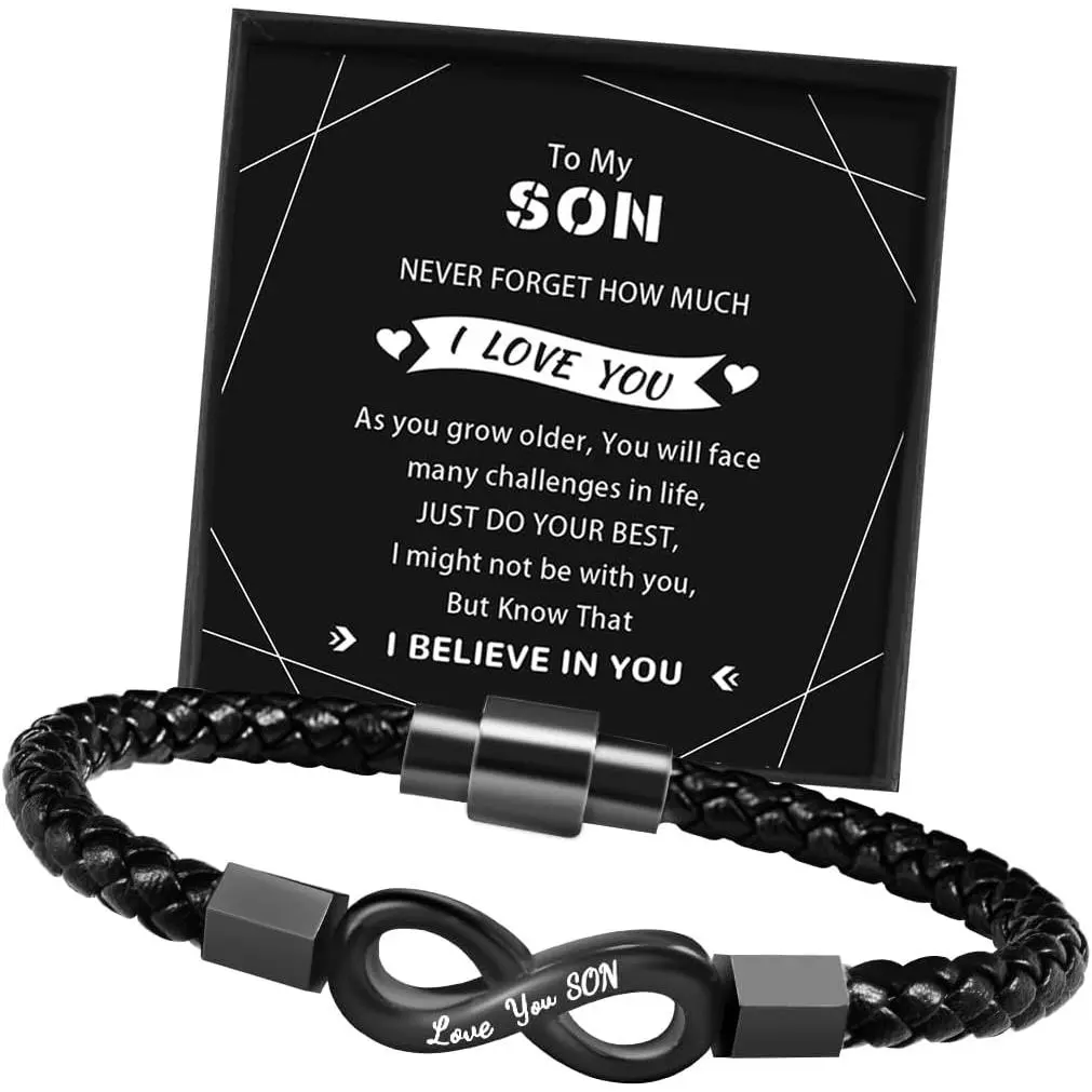 To My Son/Grandson/Man/Dad Bracelet, Fathers Day Graduation Gifts Him, Son Gifts from Mom, Leather Bracelet Birthday Gifts for Boyfriend Husband Nephew