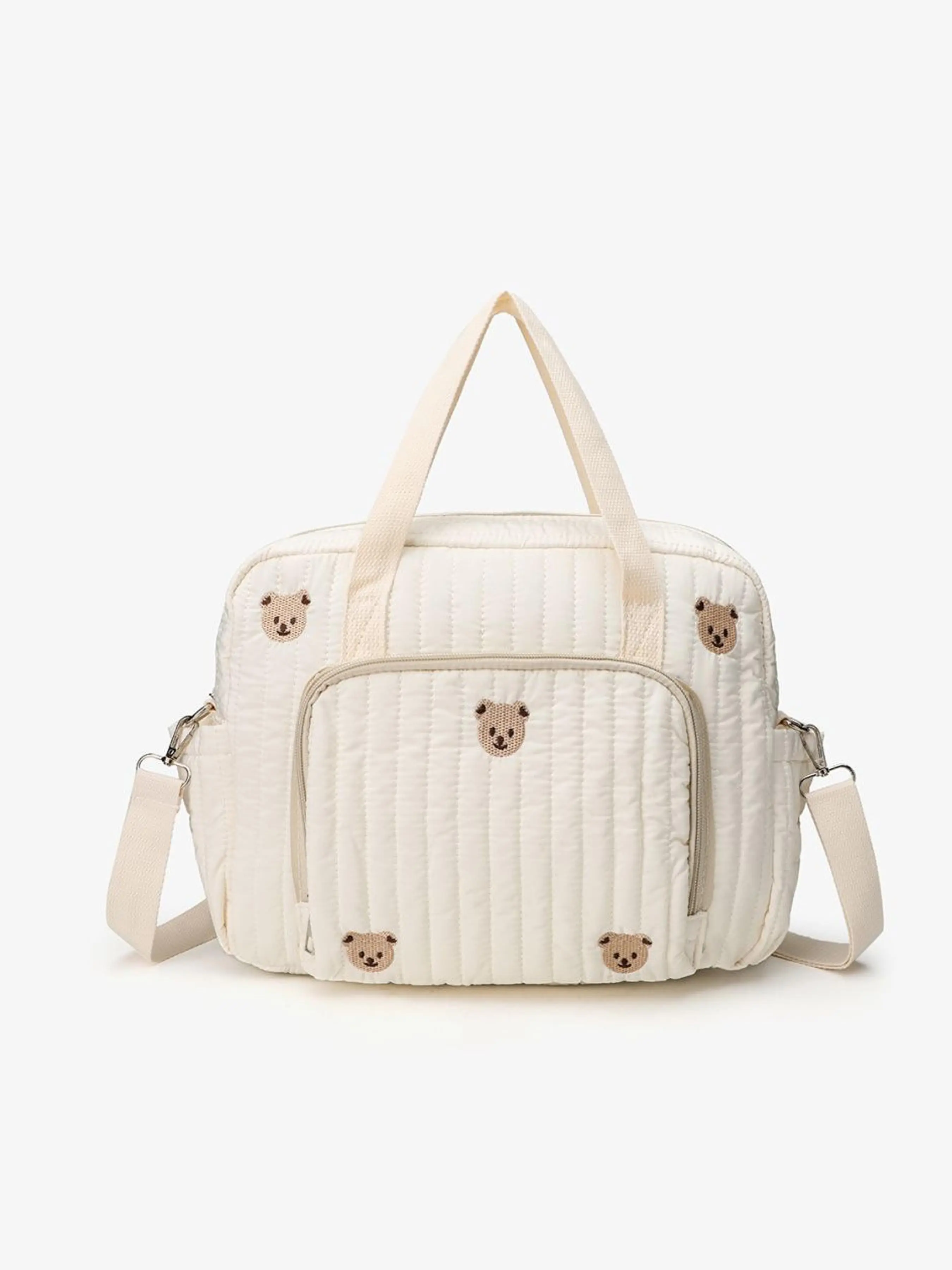 Bear Embroidery Vertical Stitch Quilted Mommy Bag, Dual Carry Handles Removable Crossbody Strap Multi-Pocket Diaper Tote Bag, Diaper Bags, Large Capacity Nursery Travel Organizer Bag for Baby Essentials Storage