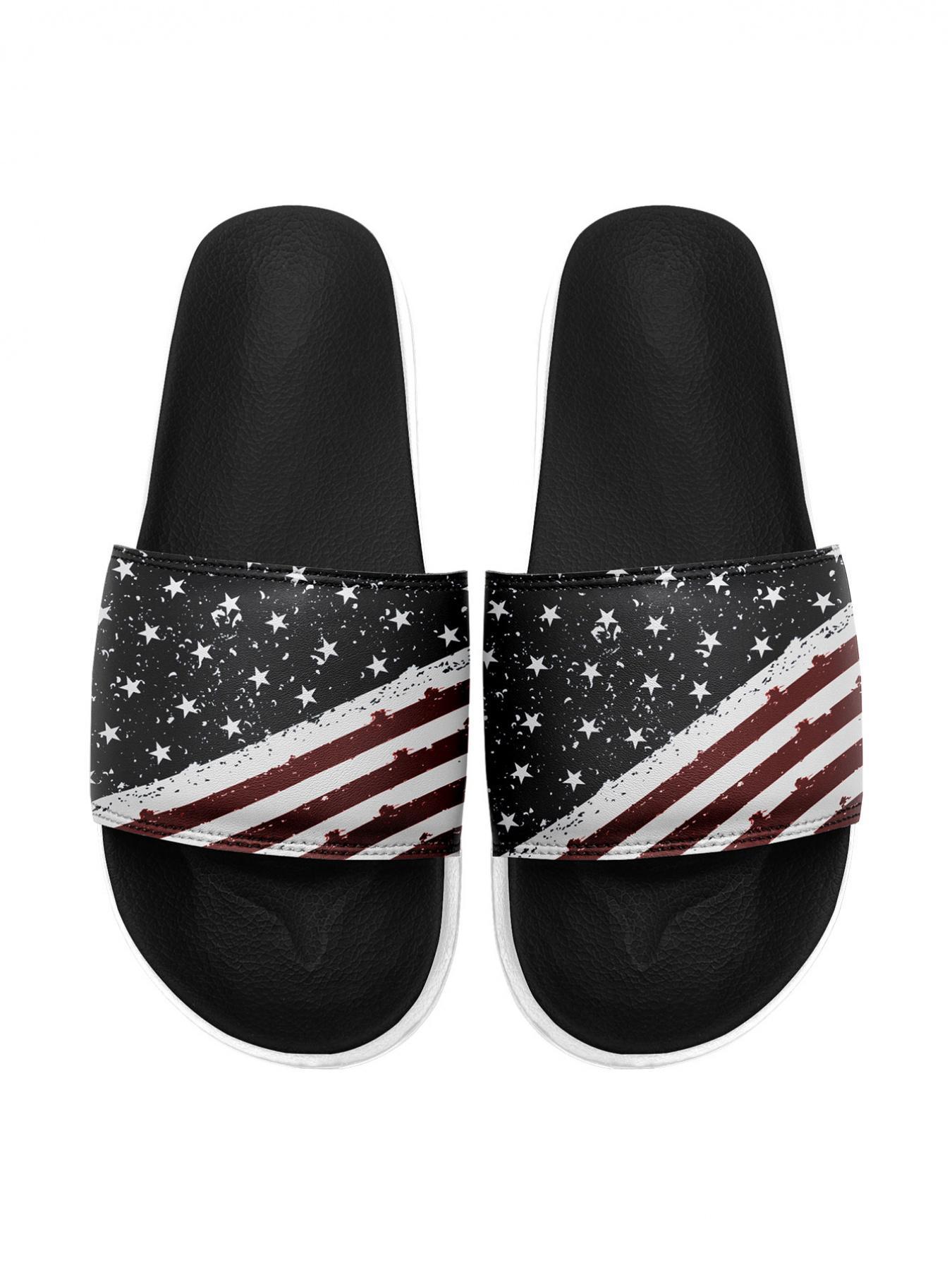 Men's Fashionable Random American Flag Print Slides, Casual Comfortable Durable Slides for Summer, Lightweight Breathable Slides for Beach & Streetwear, Footwear, Lightweight Slipper