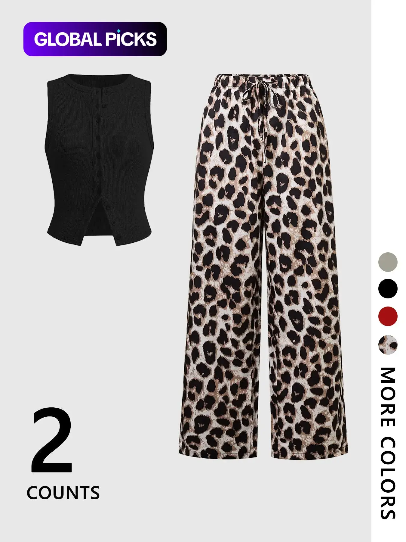 Women's 2 Piece Set Plain Knitted Sleeveless Round Neck Fitted Crop Top Vest with Leopard Print, Palazzo Set Casual Fashion Wide Leg Pants for All Seasons Casual Matching Set summer matching set