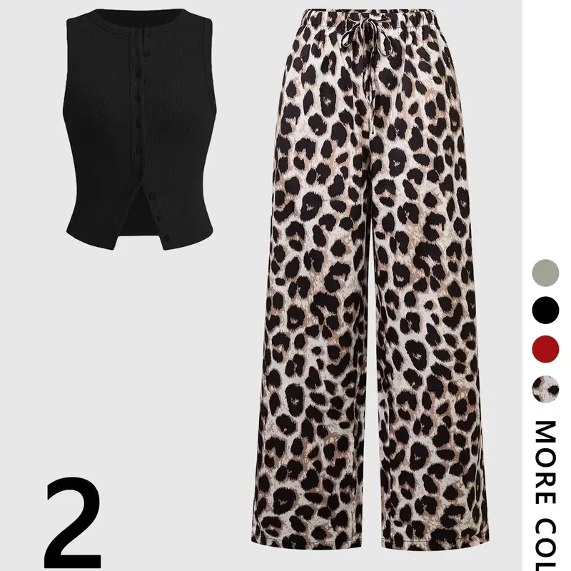 Women's 2 Piece Set, Leopard Print Pants & Plain Knitted Sleeveless Round Neck Fitted, Palazzo Set, Casual Fashion Wide Leg Pants for All Seasons Casual Matching Set, Fashion Style Sets