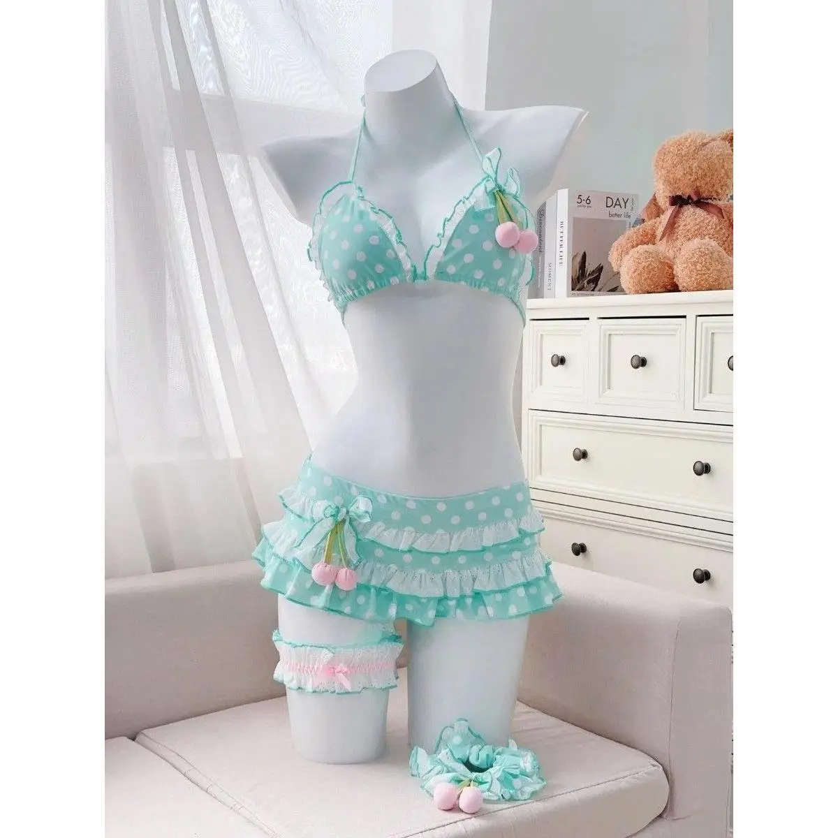 Japanese Sweet Cherry Patchwork Bikini Set Women Sexy Beach Style Polka Dot Print Vacation Pool Party Hot Girl Bodycon Holiday