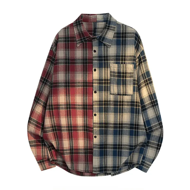 Men's Long Sleeve Contrast Spliced Plaid Shirt, Asymmetric Two-Tone Plaid Split Design, American Retro Street Style, Soft Brushed Fabric, Fashionable & Versatile, Relaxed & Comfortable, Suitable For Daily Casual Wear