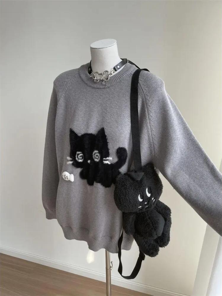 Autumn Gray Vintage Elegant Knit Pullover Woman  Cartoon Print Design Harajuku Sweater Feamale  Long Sleeve Retro Clothes