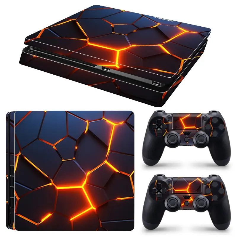 Ps4 Slim Vinyl Stickers Set, Lava Crackle Geometric Pattern, Waterproof Scratch-Resistant, Removable Without Residue, Console & Controller Decor