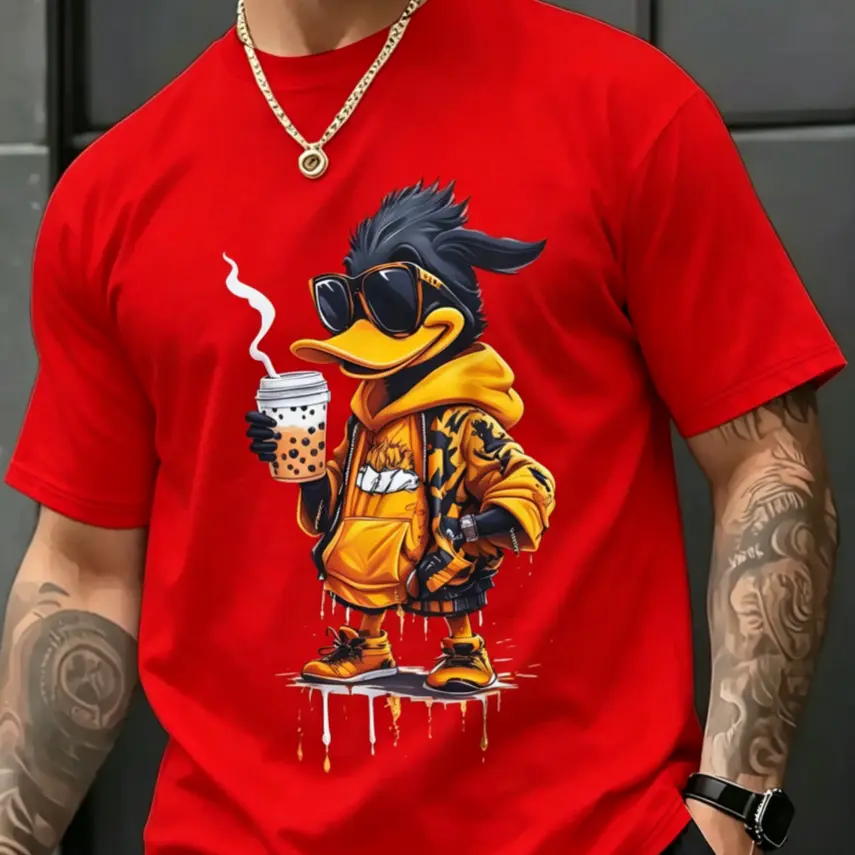 Men's Bubble Tea Duck Graphic T-Shirt, 100% Cotton Hip-Hop Tops with Sneakers Print, Relaxed Fit with Seamless Crewneck, Cargo Pants