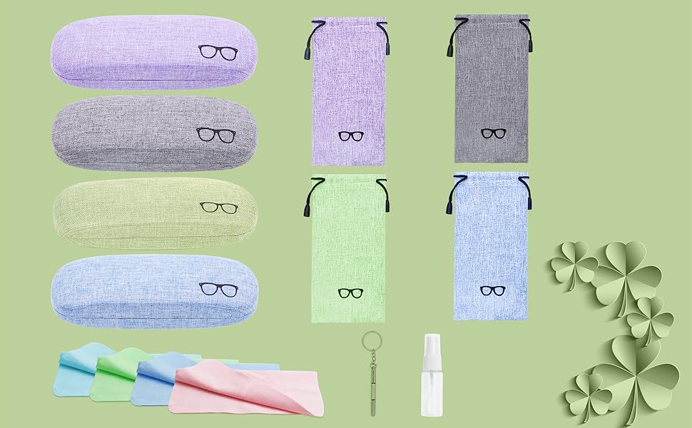 Keep your glasses safe & stylish with this 4‑sets portable linen hard shell eyeglasses case!Each set comes with a protective hard box, soft drawstring pouch and microfiber cleaning cloth, perfect for storing sunglasses, reading glasses