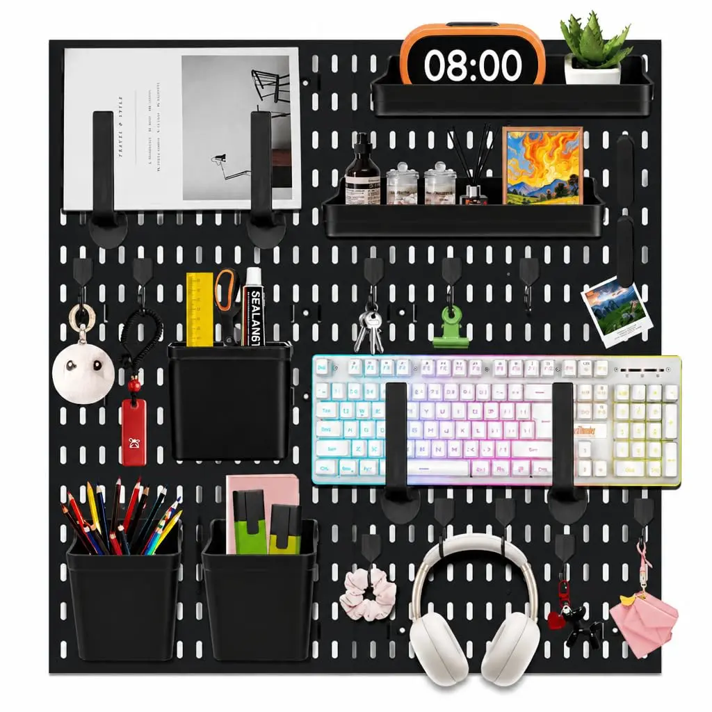 Wall Mount Wall Organizer Pegboard for Gaming & Office, 4 Pack, 12x12 Inch | Pegboard Wall Organizer Kit with Hooks, Shelves, Clips and Bins to Organize Office, Gaming Supplies, Wall Mounted Peg Board