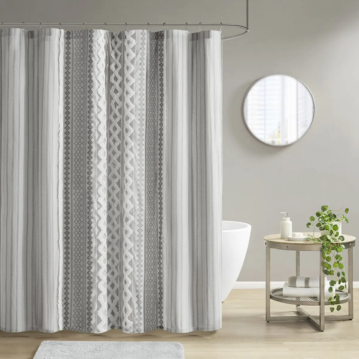 72x72" OEKO-TEX Certified Soft Absorbent Cotton Shower Curtain - Industrial Aztec Print, Chenille Trim, Fade-Resistant, Machine Washable, Quick Install Button Holes, Bathroom Decor Ideas, Stylish Bathroom Upgrade