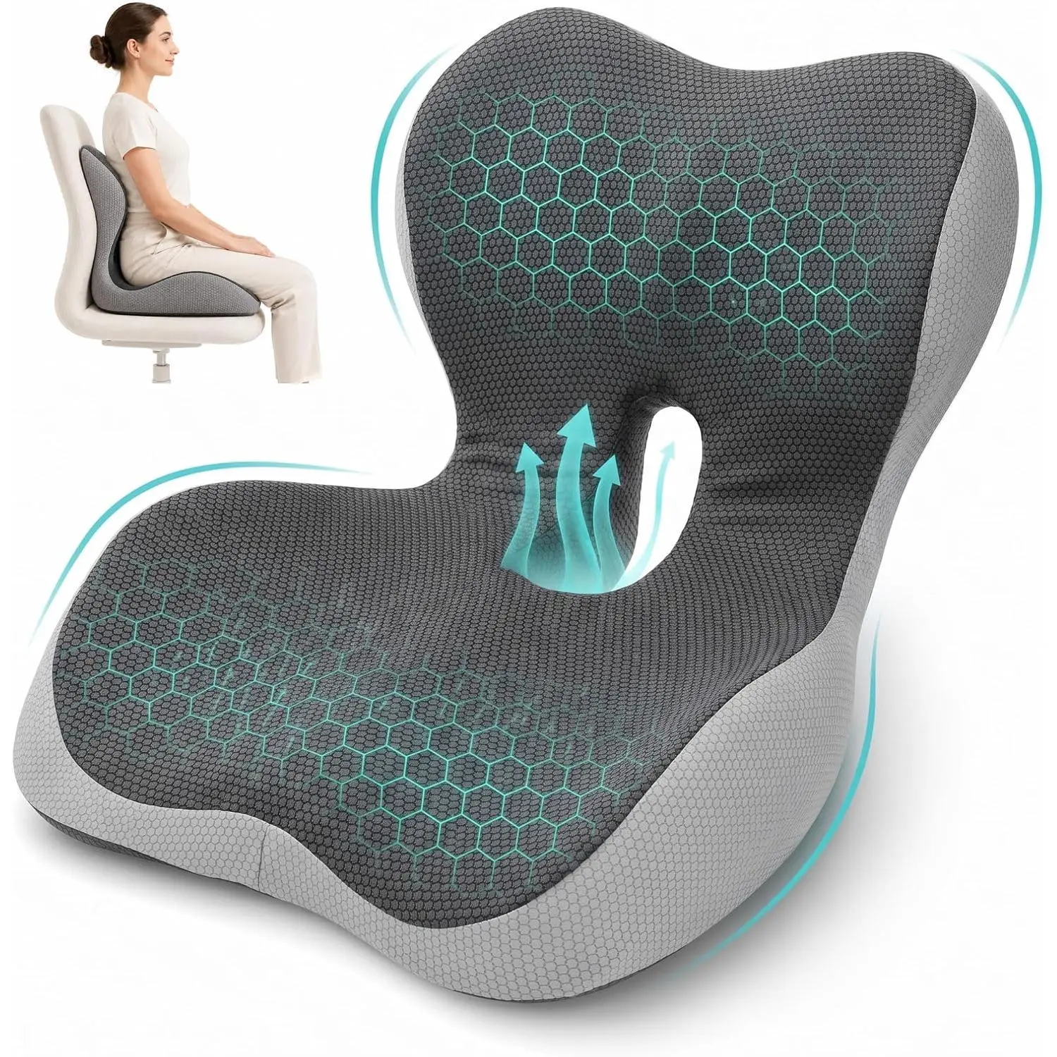 Seat Cushion with Lumbar, Cushion for Chair| Ergonomic Lumbar Pillow,Chair Cushion for Office , Car, – Orthopedic Pain Relief Cushion,For Back, Tailbone, Gray