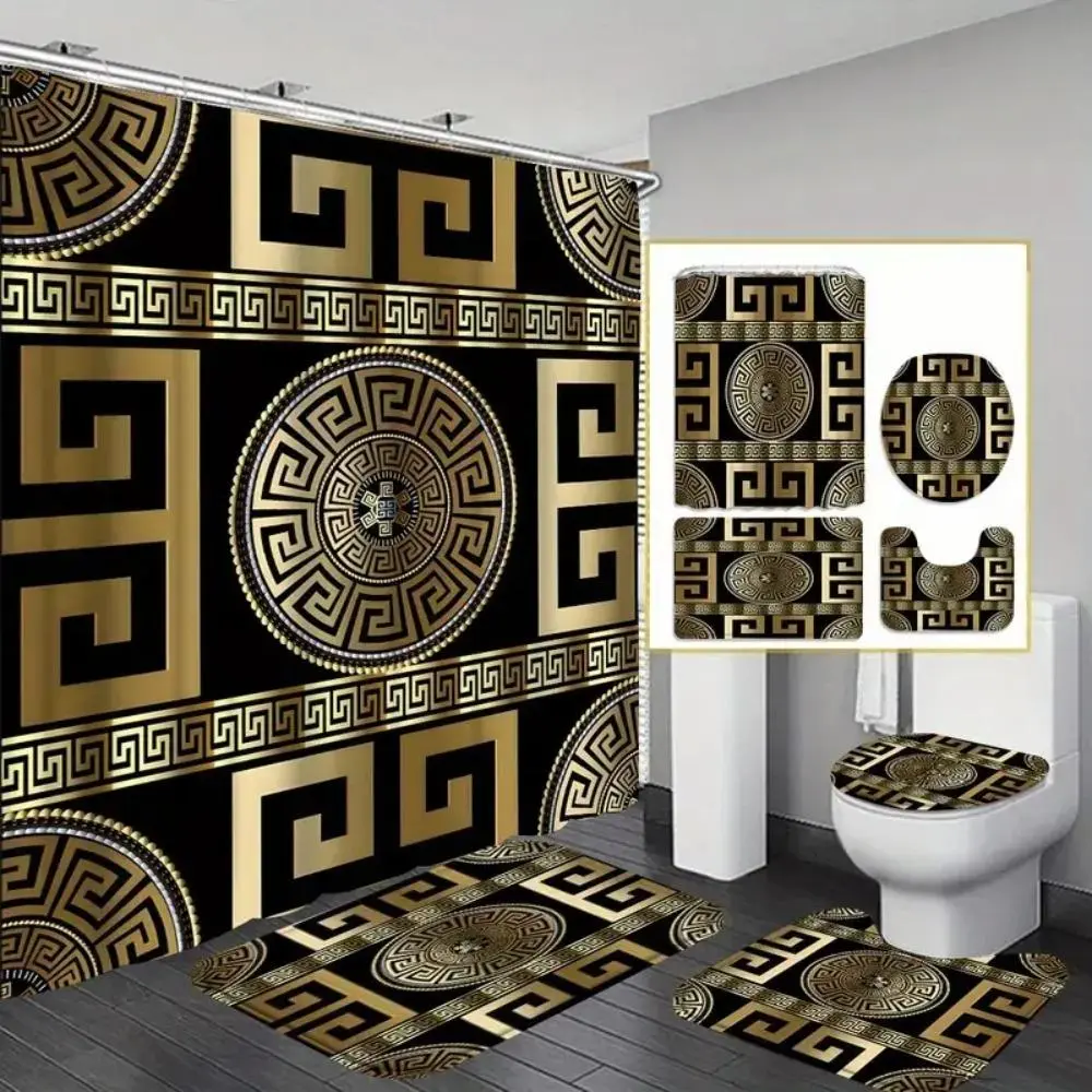 Aesthetic Shower Curtain Set, 4-Piece Modern Geometric Polyester Bathroom Accessories with Non-Slip Rugs, Toilet Cover, and 12 Hooks, Bathroom Decor Ideas, U-Shape, 4Pcs-Floor Mat + Shower Curtain, Fashion, Installation, Safety