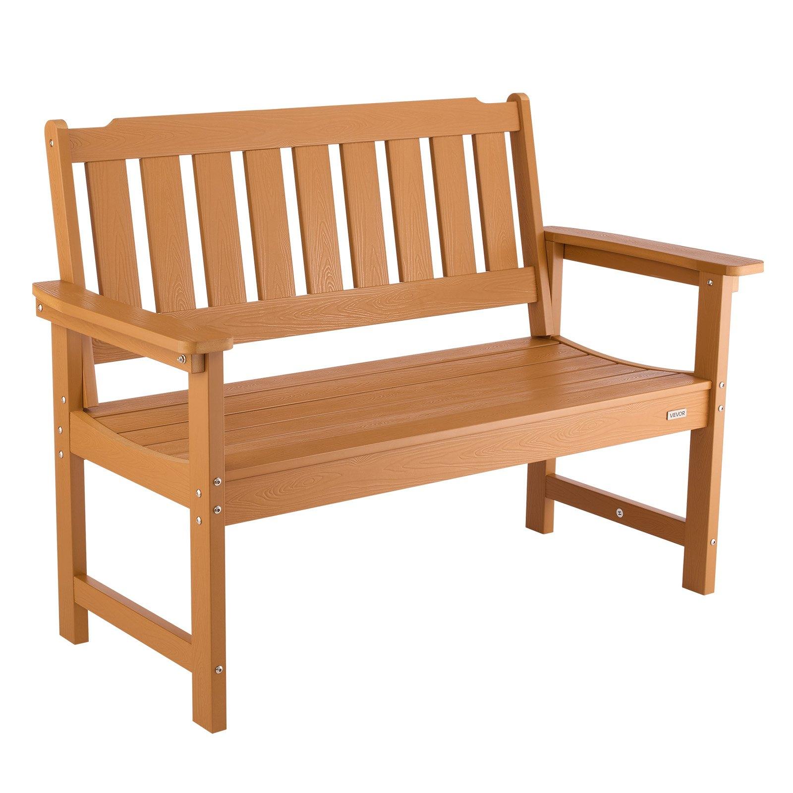 VEVOR Outdoor Bench, 50.5 inch, 800 lbs Weight Capacity for 2-3 Persons, Weatherproof Plastic Frame with Backrest and Wide Armrests, Outside Bench for Patio, Garden, Park, Yard, Natural Wood Color