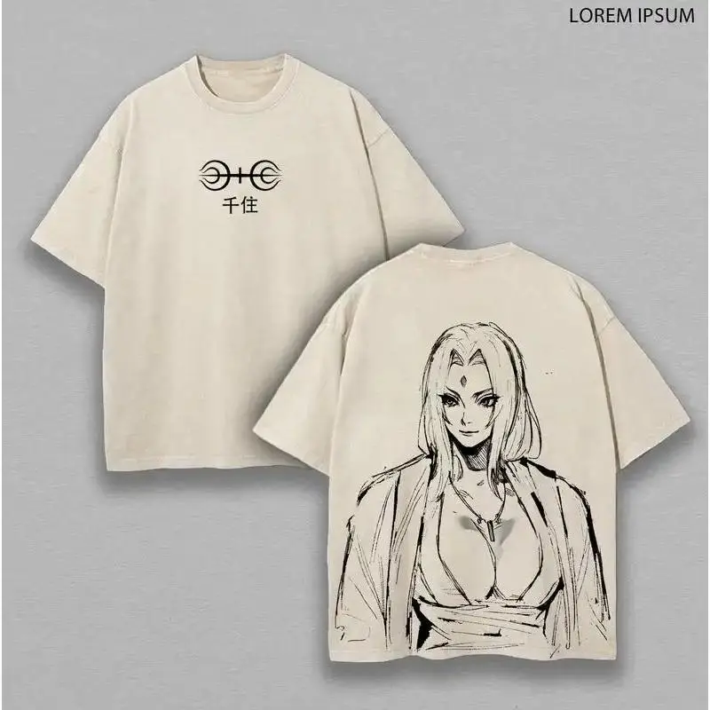 Tsunade Senju - Naruto Anime Double Printed Vintage Washed Tee Unisex Oversize Anime Manga Washed Heavyweight Cotton T-shirt, Gift For Anime Fan, Anime Lover