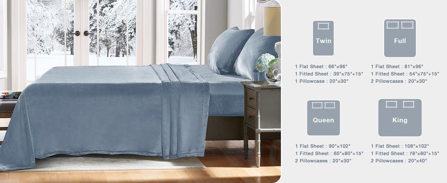 Fleece Sheets Twin Size, Flannel Like Soft, Fuzzy Warm Plush Sheets, Velvet Microfleece Bedding for Winter, Baby Blue