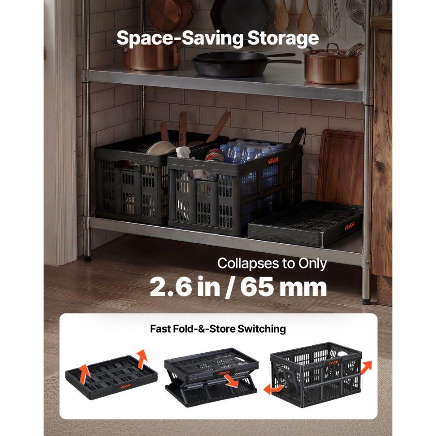 VEVOR Plastic Collapsible Storage Bins, 45L 3 Packs, Stackable Folding Storage Crates with Handles, Holds 33 lbs Per Bin, Foldable Heavy Duty Containers, Space-Saving Baskets, for Home Organizing