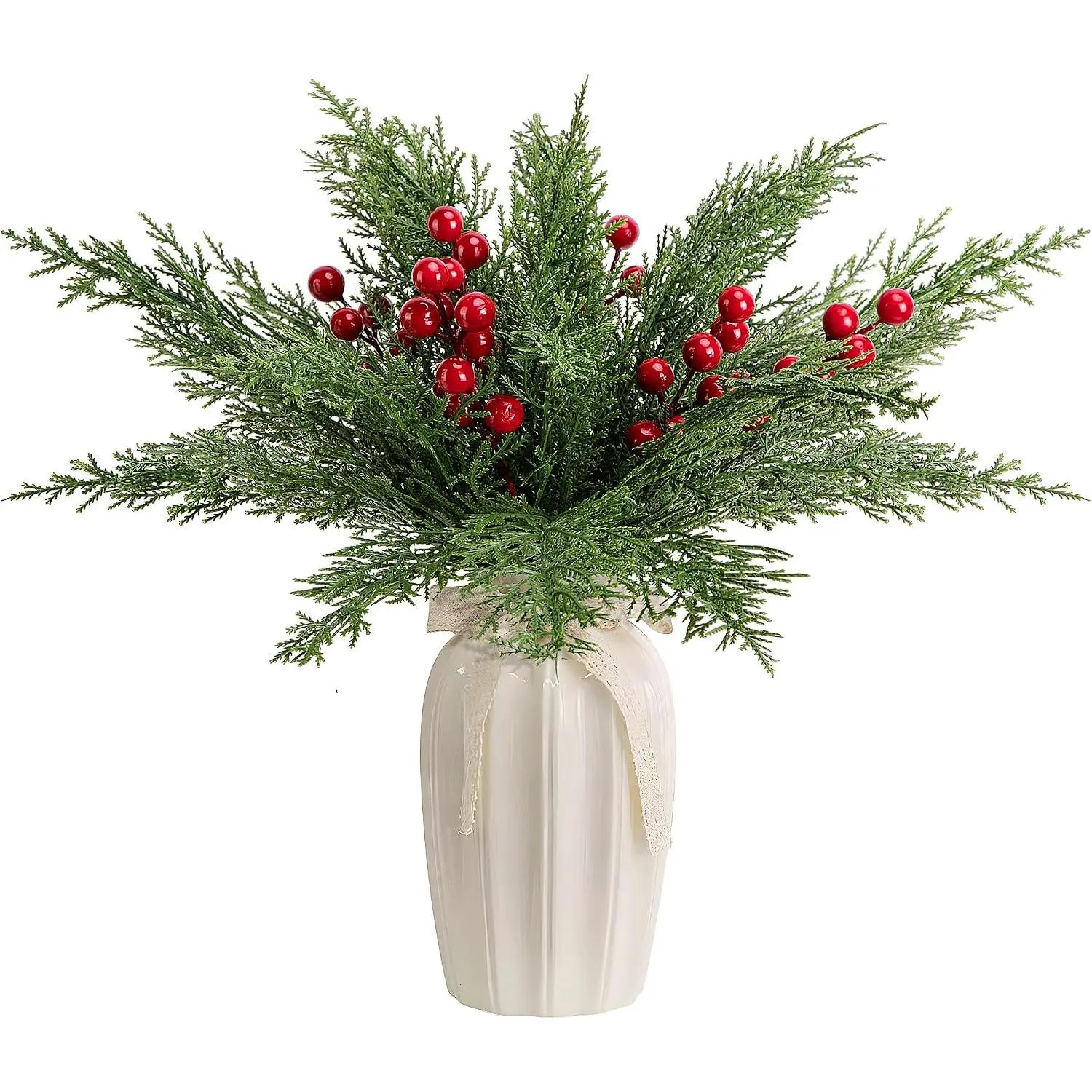 30 count/Set Christmas  Artificial Pine Branches- 12.5 Inch Faux Evergreen Cedar Sprigs Branches-  Foliage Pine  Picks with Artificial Red Berry Stems for DIY Christmas Decoration