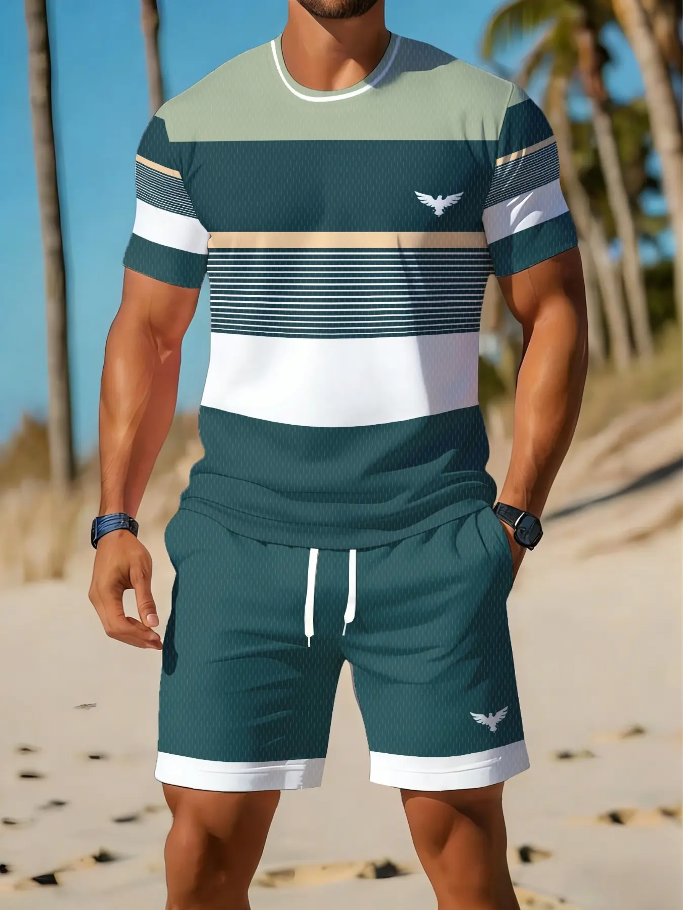 Men's sporty color-blocked print suit, lightweight and breathable men's crew neck short-sleeved t-shirt and shorts, a two-piece set suitable for sports, fitness, and everyday wear, the perfect holiday gift for men, Casual Activewear Set