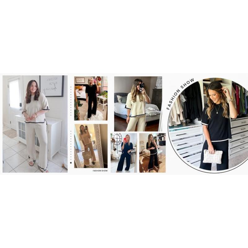 Sweater Sets Women 2 Piece Lounge Sets Short Sleeve Knit Pullover Tops Wide Leg Pants