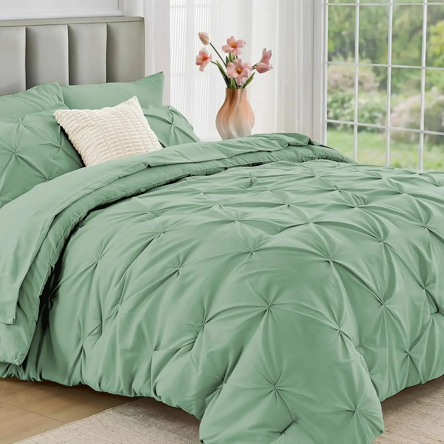 Full Size Comforter Sets 7 Pieces - Bed in a Bag Full for All Season, Pintuck Bedding Comforter Sets with Comforter, Flat Sheet, Fitted Sheet and Pillowcases & Shams, Sage Green