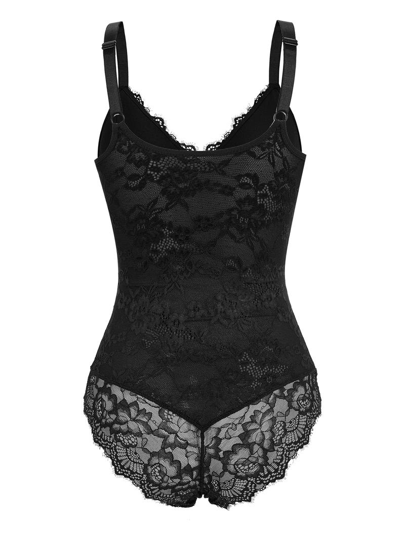 Women's Contrast Lace Sheer Shapewear Bodysuit, Backless Shapewear Waistband Shaping Bodysuit, High Stretch Shaper, Tummy Control Butt Lifter, Seamless Shaper