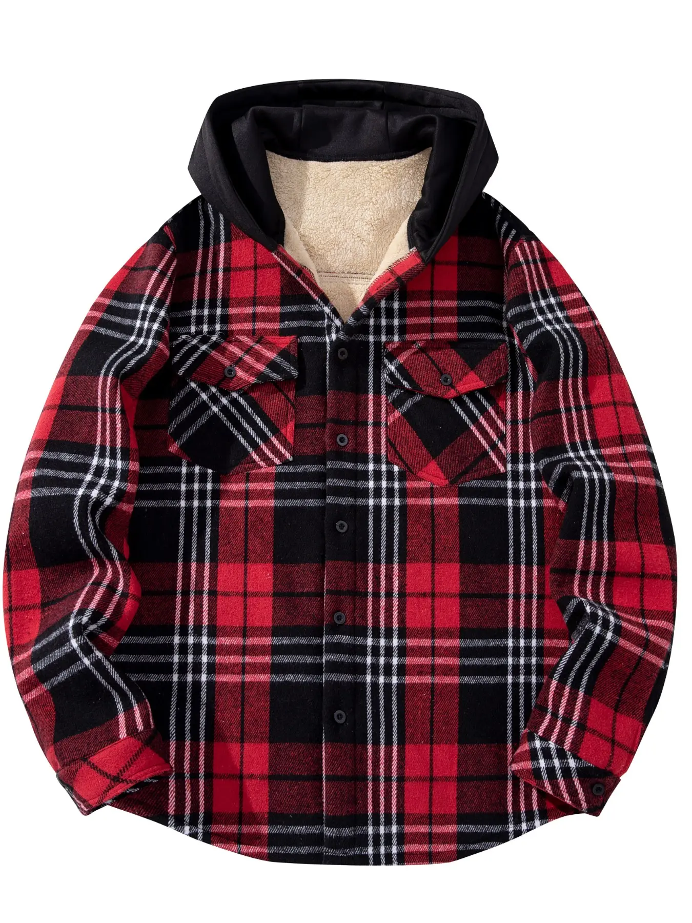 Men's Plaid Flannel Hooded Jacket for Fall Winter, Sherpa Lining, Button Design, Multiple Pockets, Warm and Cozy Outerwear