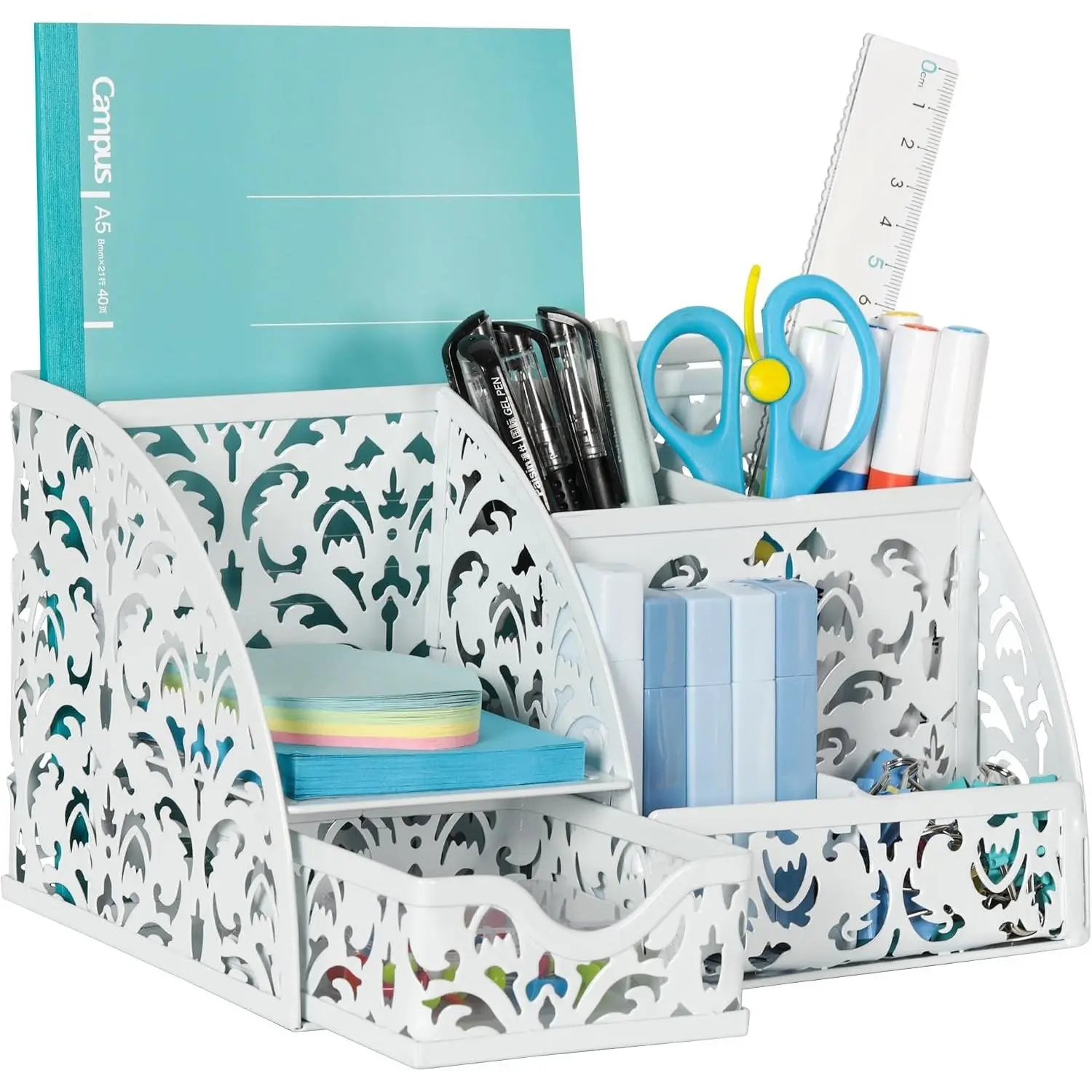 Mesh Desk Organizer with Drawer and Pen Holder, Office Supplies Storage Caddy for Small Spaces, White Desktop Organizer for Home Office